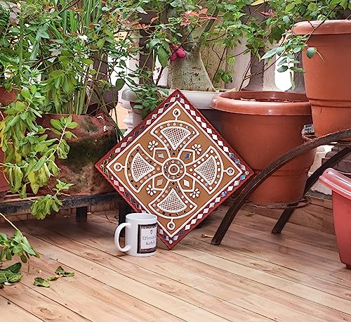 Image of Ethnics of Kutch Traditional Kutch Handicraft Mud-Mirrorwork Lippan Kam Wall Art (Water and Break Resistant) - Square (12 inch x 12 inch) - (Maroon - LKT-0235)