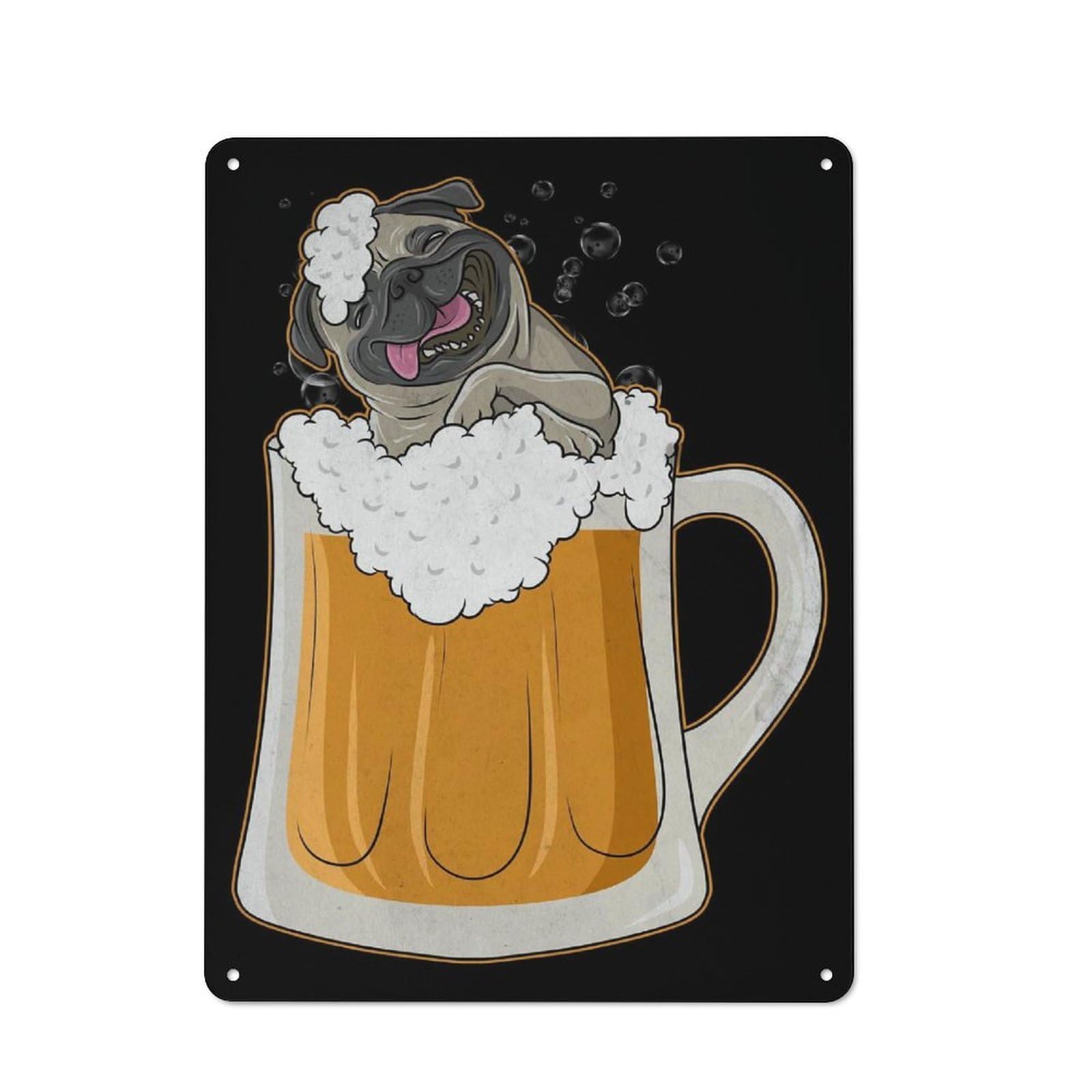 Tin Wall Plaque 40x30cm with Pug Dog Beer Drinking Part for Kitchen Or Home Bar, for Metal Sign Collectors, for Cafés, Pubs And Restaurants