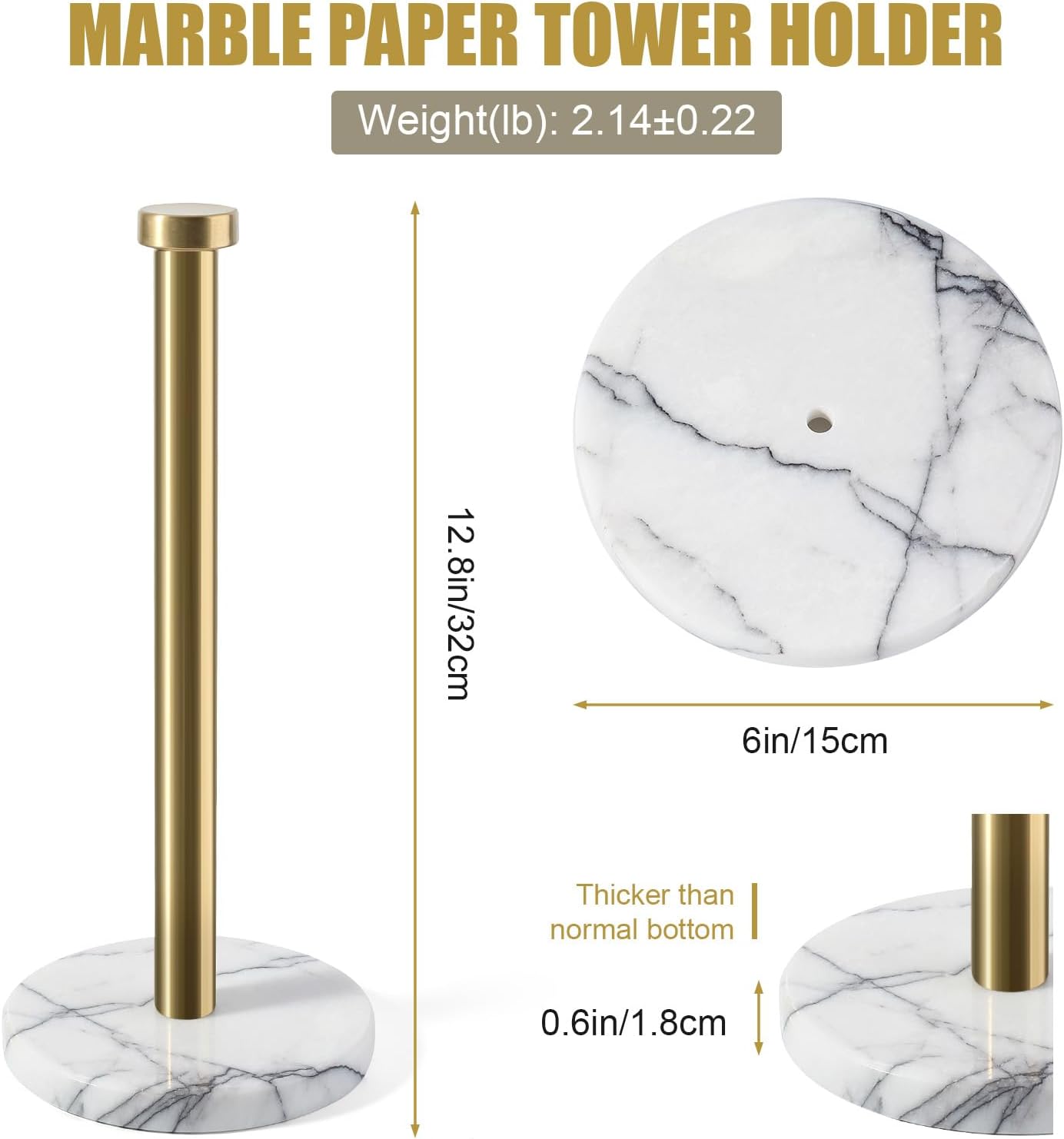 Koville Paper Towel Holder Countertop, Standing Paper Roll Holder with 6" Weighted Marble Base, Stone Paper Towel Holder with Gold Stainless Steel Rod for Kitchen Bathroom (Milas Lilac)