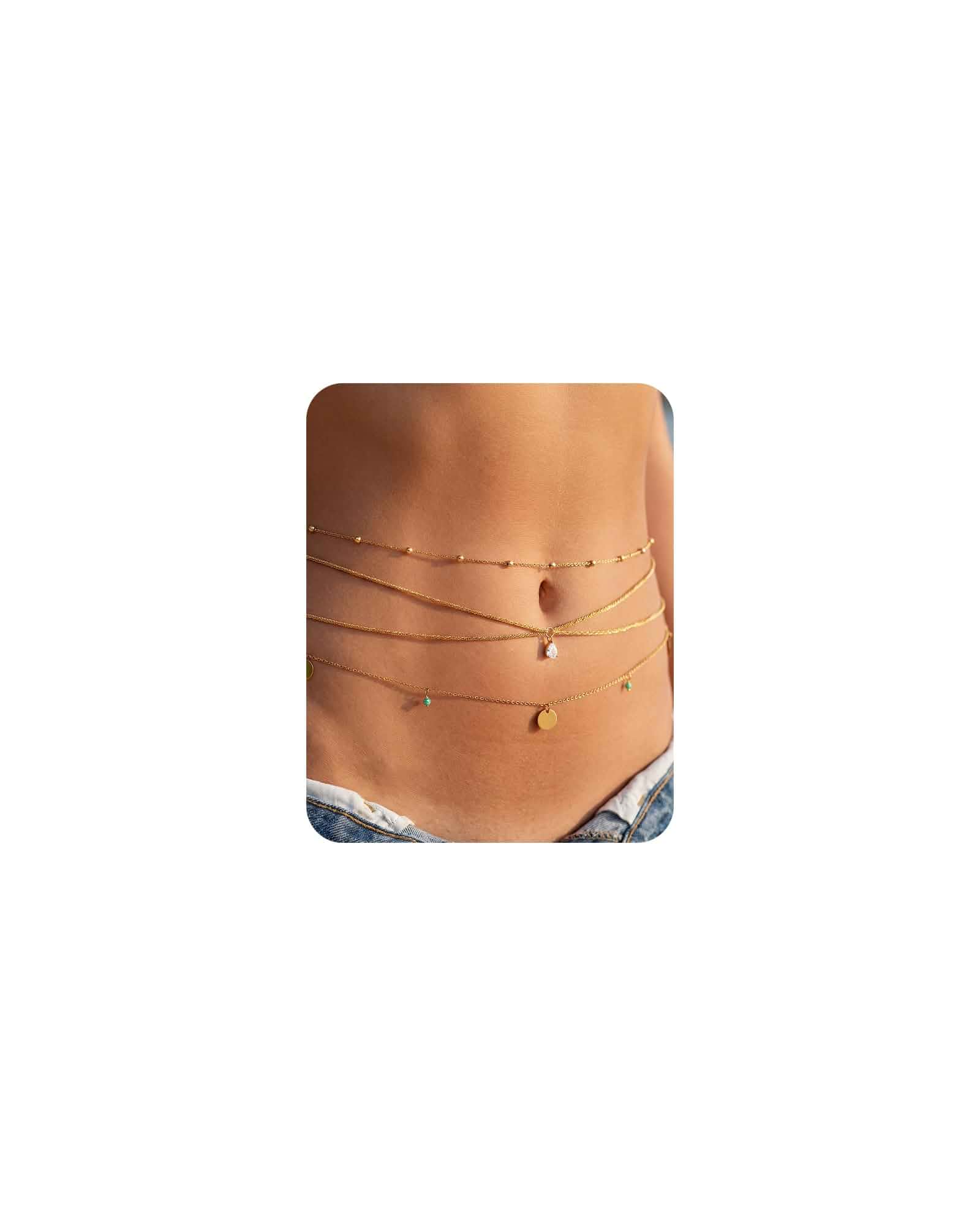 5A Cubic Zirconia Hypoallergenic 18K Gold Waist Chains Set: 3 Pcs Waterproof Surgical Steel Beaded Pearl Belly Body Chain Fashion Stomach Belt Hip Bikini Jewelry for Women