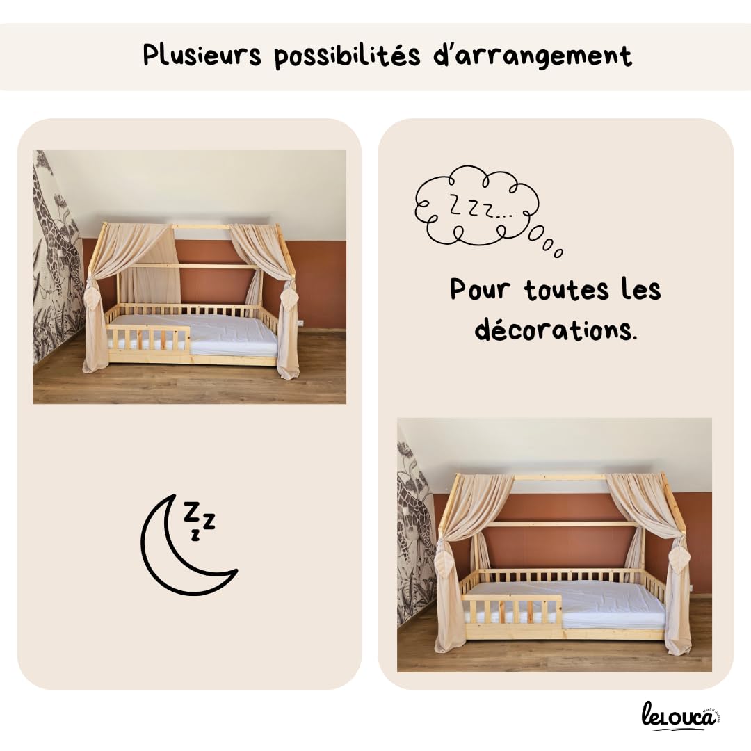 Ciel de lit cabane,100x350 cm, Coton Biologique Beige, décoration pour Chambre bébé ou Enfant. Inclus : 2 Toiles lit cabane; 2 Feuilles de décoration et Les Attaches Pratiques.