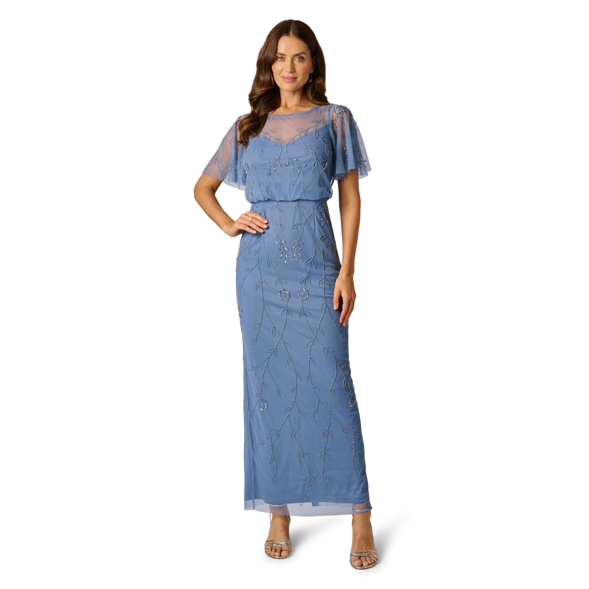 Adrianna Papell Womens Bead Blouson Long Dress, French Blue, 18