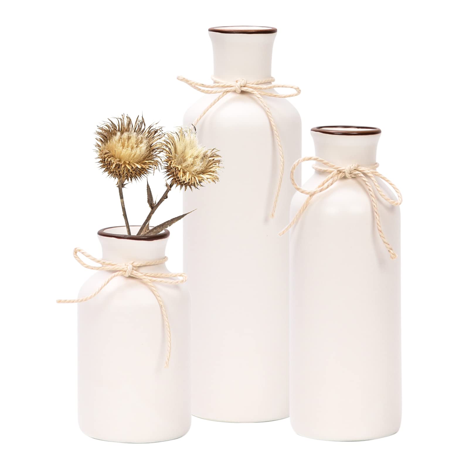 Set of 3 White Ceramic Vases,Rustic Decorative Ceramic Vases with Twine Design,Farmhouse Small Flower Vase Sets for Living Room,Centerpieces,Events,Table, Bookshelf, Mantel,Bathroom Decor