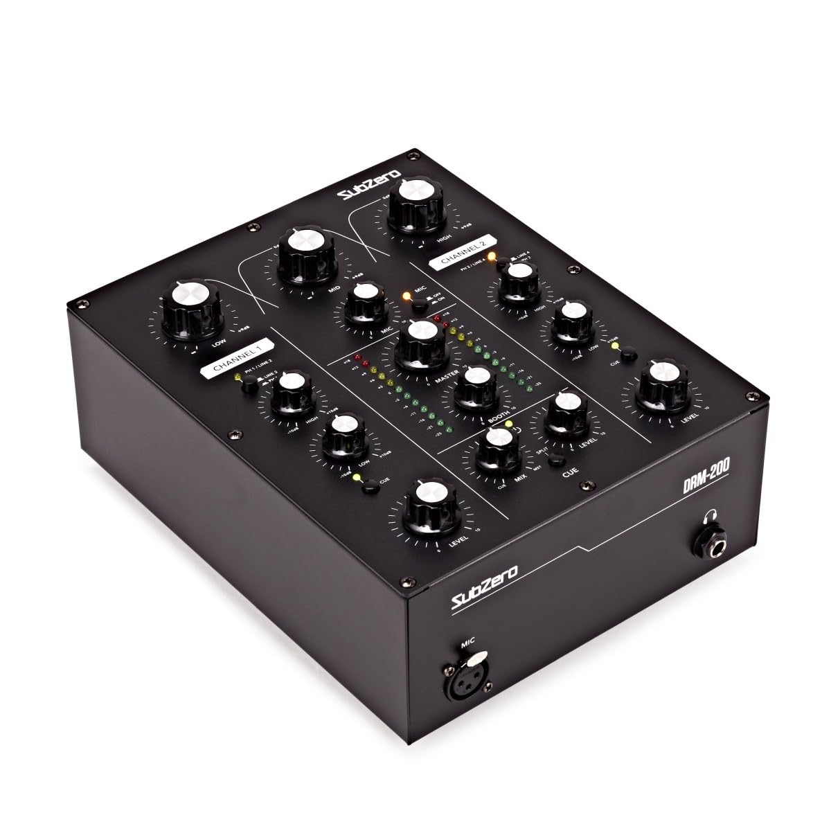 SubZero Mixer DJ rotativo a 2 canali | Per DJ, controlli rotativi per un feeling analogico, EQ 3 bande, monitoraggio cue split, ingresso mic dedicato