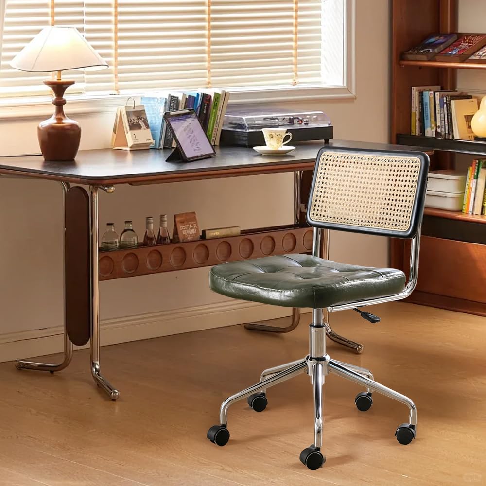 Zesthouse Mid Century Home Office Chair, Armless Swivel Desk Chair with Rattan Back & Adjustable Height, Upholstered Faux Leather, Green