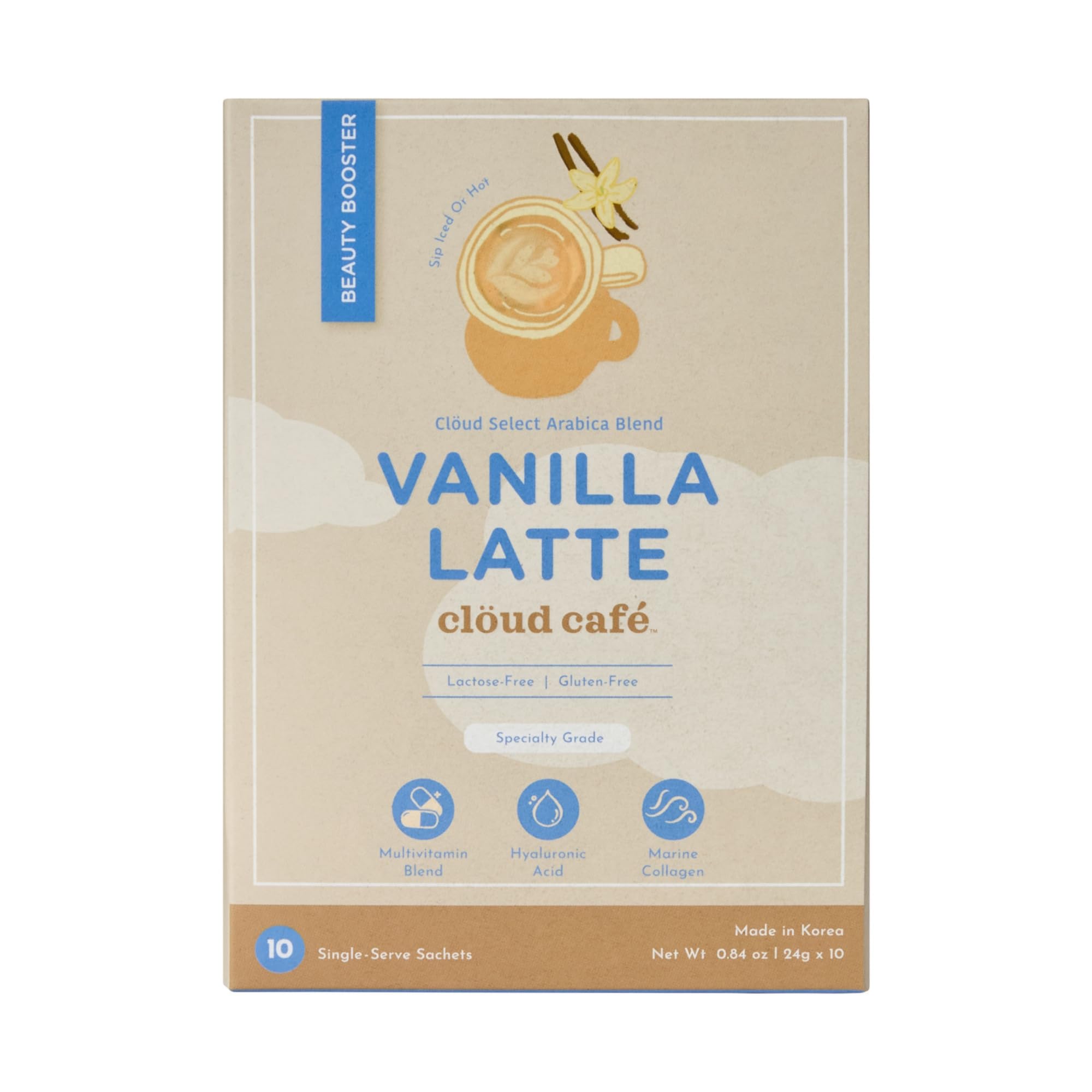 Collagen Infused Vanilla Latte Instant Coffee Packets - Hyaluronic Acid Powder, Multivitamin Powder, & Marine Collagen Single Serve Instant Coffee (10 Sachets)