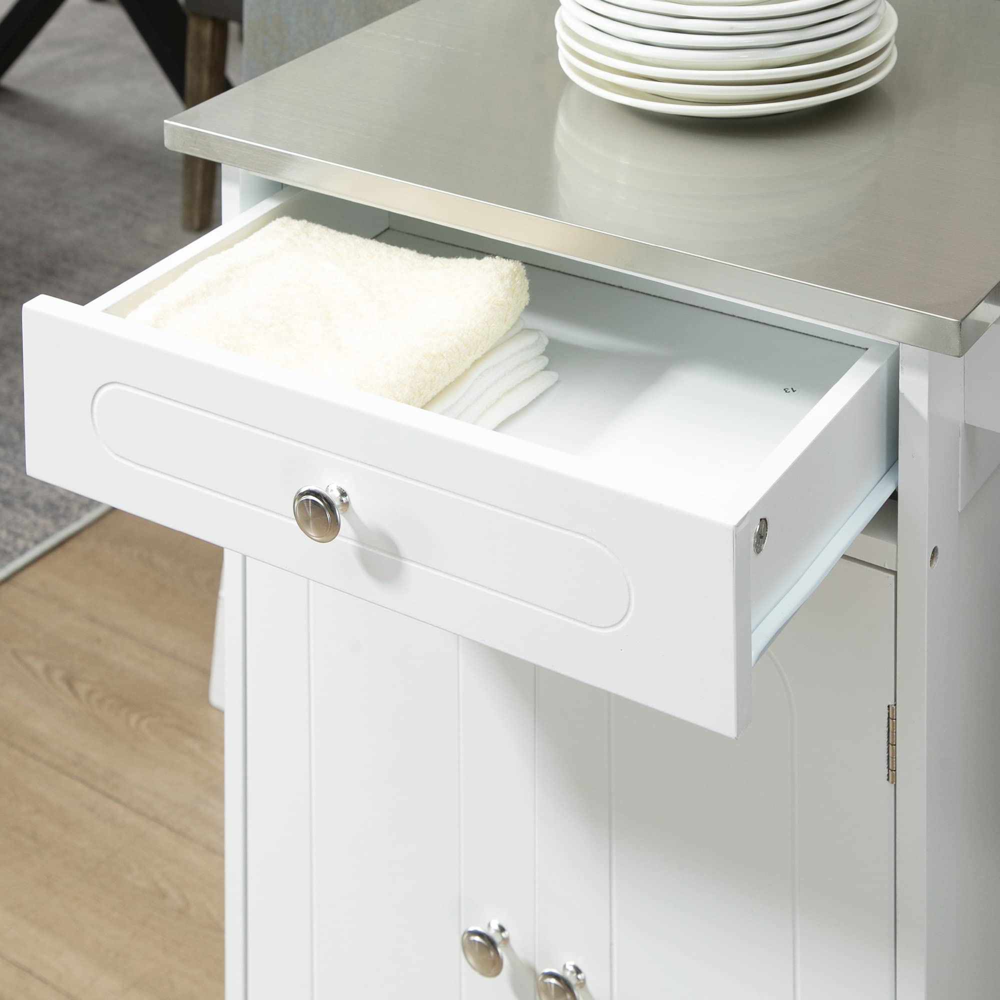 HOMCOM Carrello da cucina con ruote, multiuso, 1 cassetto, armadio a 2 ante con ripiano porta strofinacci in MDF bianco acciaio inossidabile