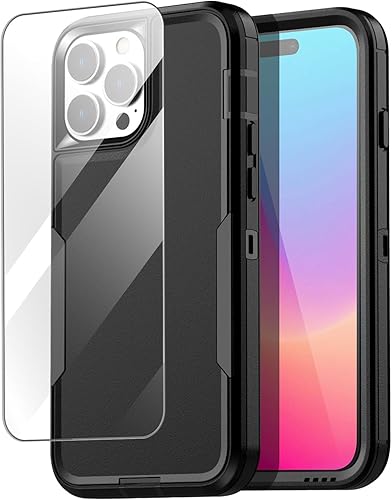 AICase Funda para cinturón compatible con iPhone 15 Pro + protector de vidrio + lente de cámara, resistente de 3 capas de protección de grado