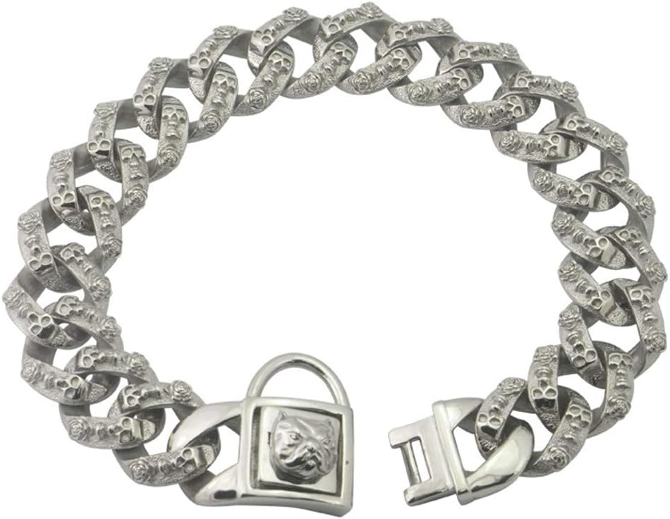 DUPFY 32MM Wide Silver Dog Collar, 316L Stainless Steel Heavy Duty Dog Collar with Dog Head Lock Training Collar for Large/Medium Dogs 55cm