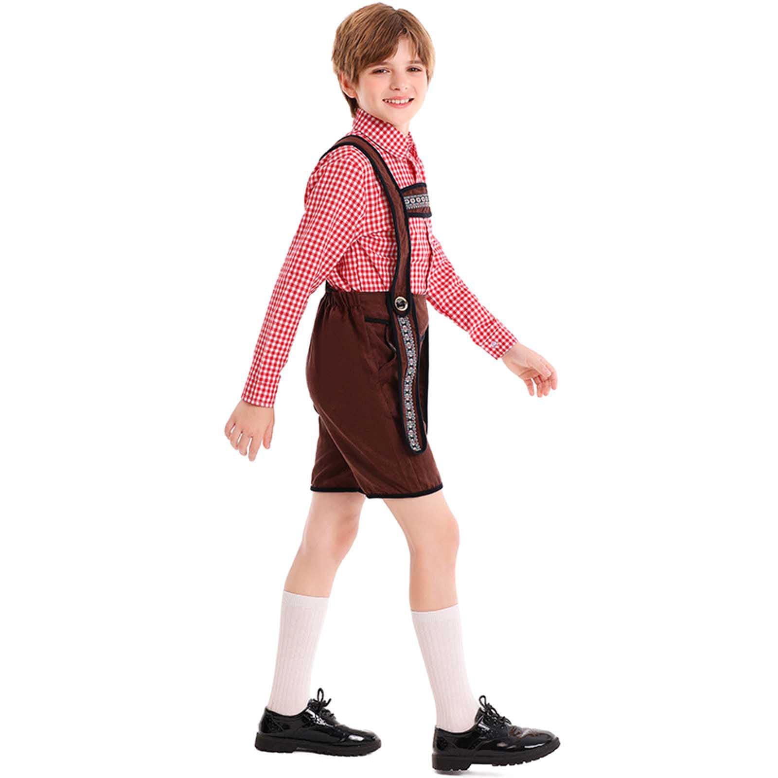 Generisch 2 Teilig Trachtenset Kinder Oktoberfest Kostüm Set, Kariert Trachtenhemd Jungen, mit Lederhosen Kinder, Kleidung Bayerlsches für Oktoberfest, Volksfest
