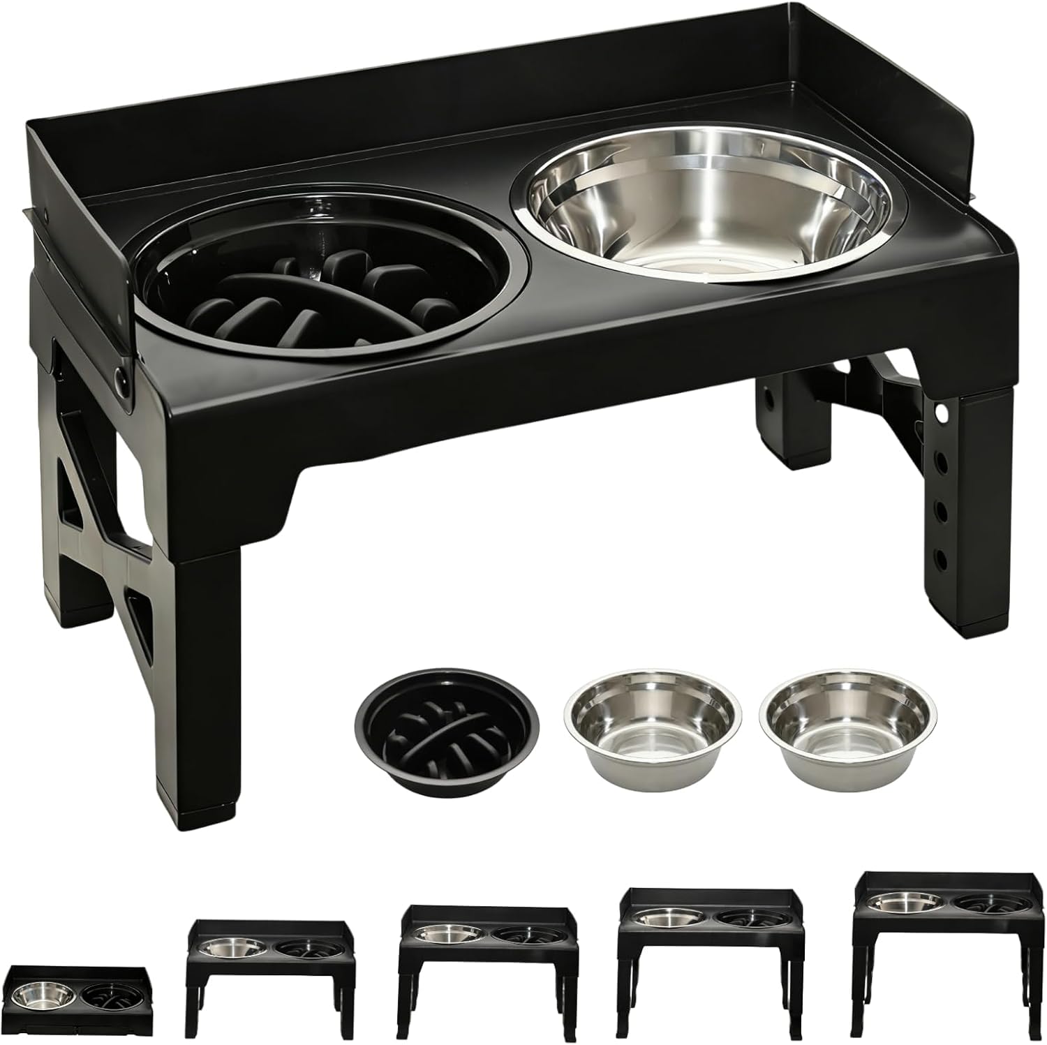 Gamelles surélevées pour chiens avec support, 5 niveaux réglables en hauteur avec 2 gamelles en acier inoxydable de 1200 ml et 1 gamelle à alimentation lente pour chiens de petite, moyenne et grande