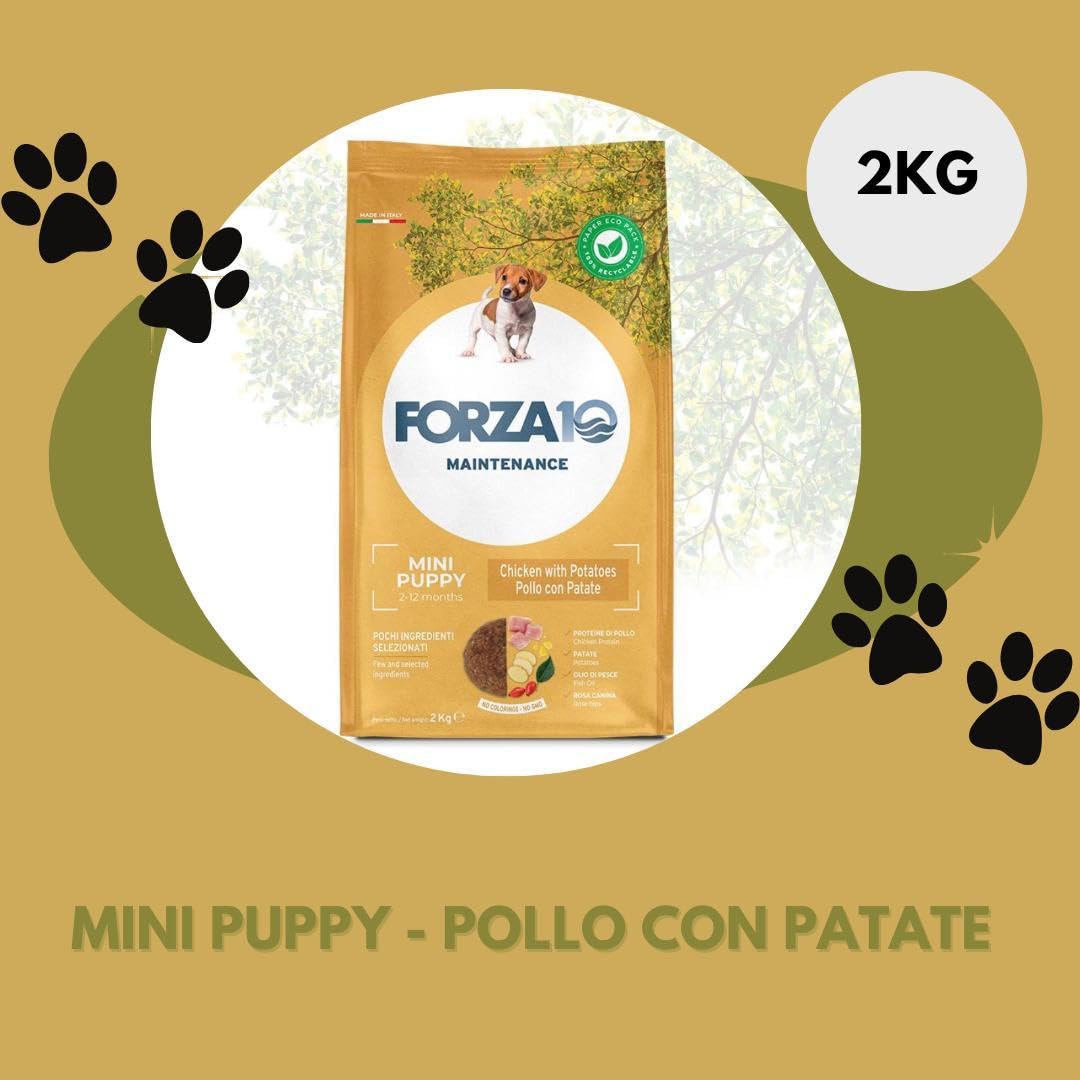 Forza 10 Perro Mini Puppy Mono sabor pollo con patatas, alimento completo monoproteico para perros cachorros de talla pequeña, paquete de 2 kg.