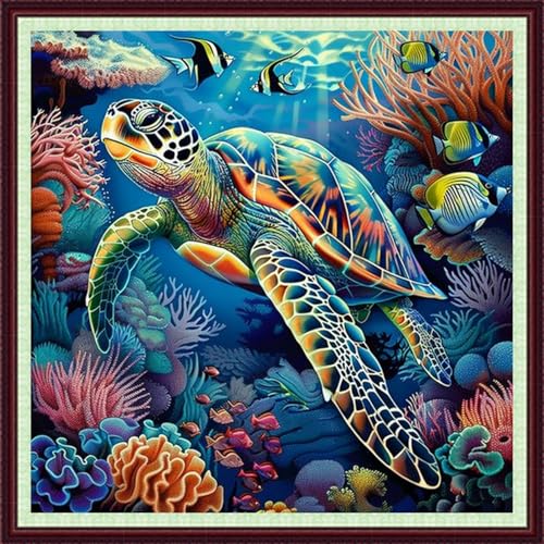 Image of Dooxvey Cross Stitch Kits for Adults Beginners,Full Range of Cross-Stitch Stamped Kits Needlepoint Kits for Beginners Embroidery Kits 11CT Cross Stitch Patterns-sea Turtles on Seabed 18x18 inch