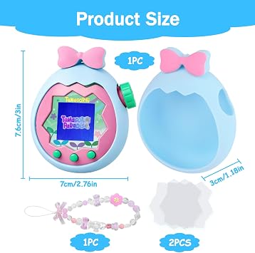 for Tamagotchi Paradise Case with Cute Charm Lanyard and Two Screen Protectors, Scratch-Resistance Soft Silicone Bow Cover for Tamagotchi Paradise - Water Blue