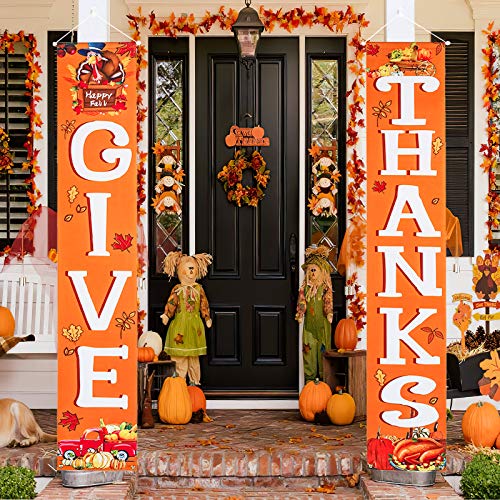 JIELIELE GIVE Thanks Thanksgiving Banner, 2PCS Front Porch Sign Autumn Pumpkin Maple Leaf Backdrop Flag Welcome Home Banner, Fall Decor Thanksgiving Party Decorations for Home Outdoor Indoor