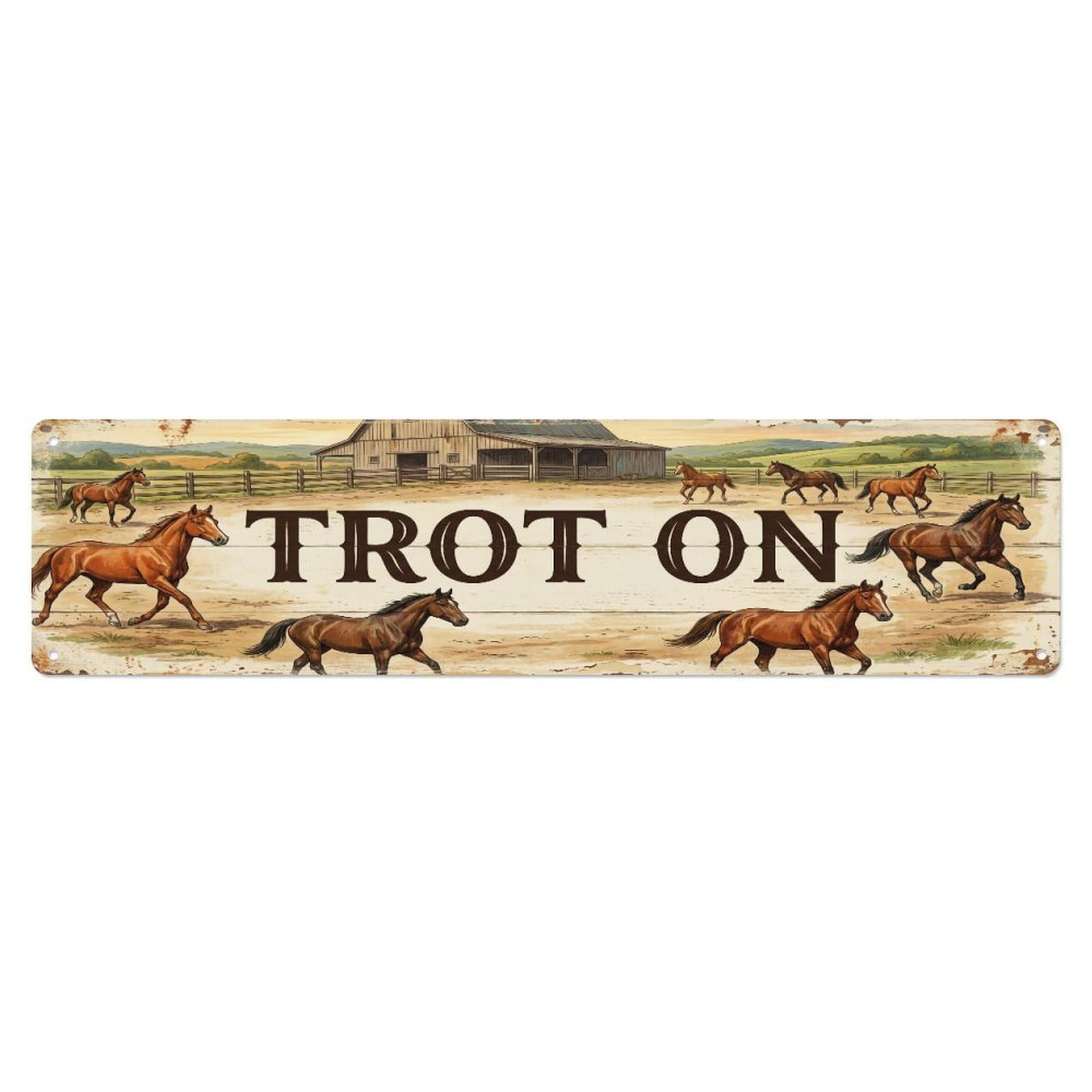 Xanthor Style Metal Tin Sign Vintage Yard Trot Horse Farmhouse Funny Horse Backyard Farm