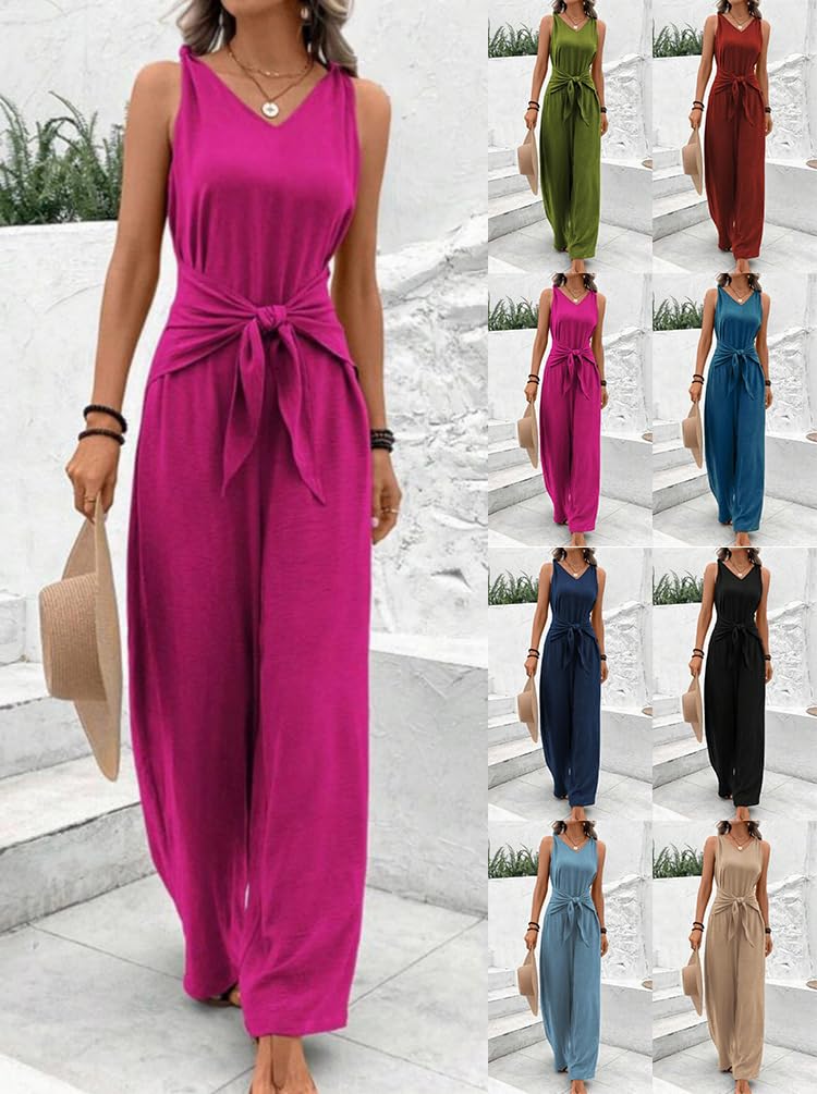 Tuta Intera Donna Estiva Monopezzi e Tutine senza Maniche Scollo V Vita Alta con Cintura Gamba Larga Jumpsuit Casuale