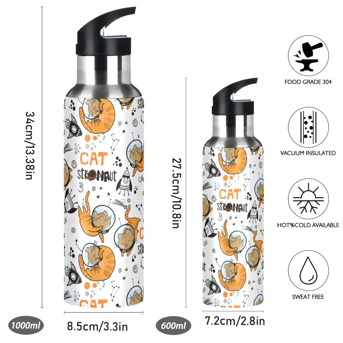 Edelstahl Wasserflasche mit Strohhalm, Katze im Weltraum isolierte Trinkflasche Sport Wasserflasche für Kinder Erwachsene, auslaufsicher, 1L