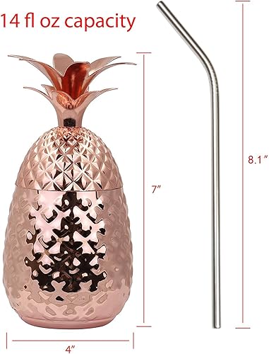 Miniatura 2 de Vastigo Vaso de piña de acero inoxidable con popote y tapa, 14 onzas, piña de metal chapada en cobre, accesorios de barra para verano, tazas de