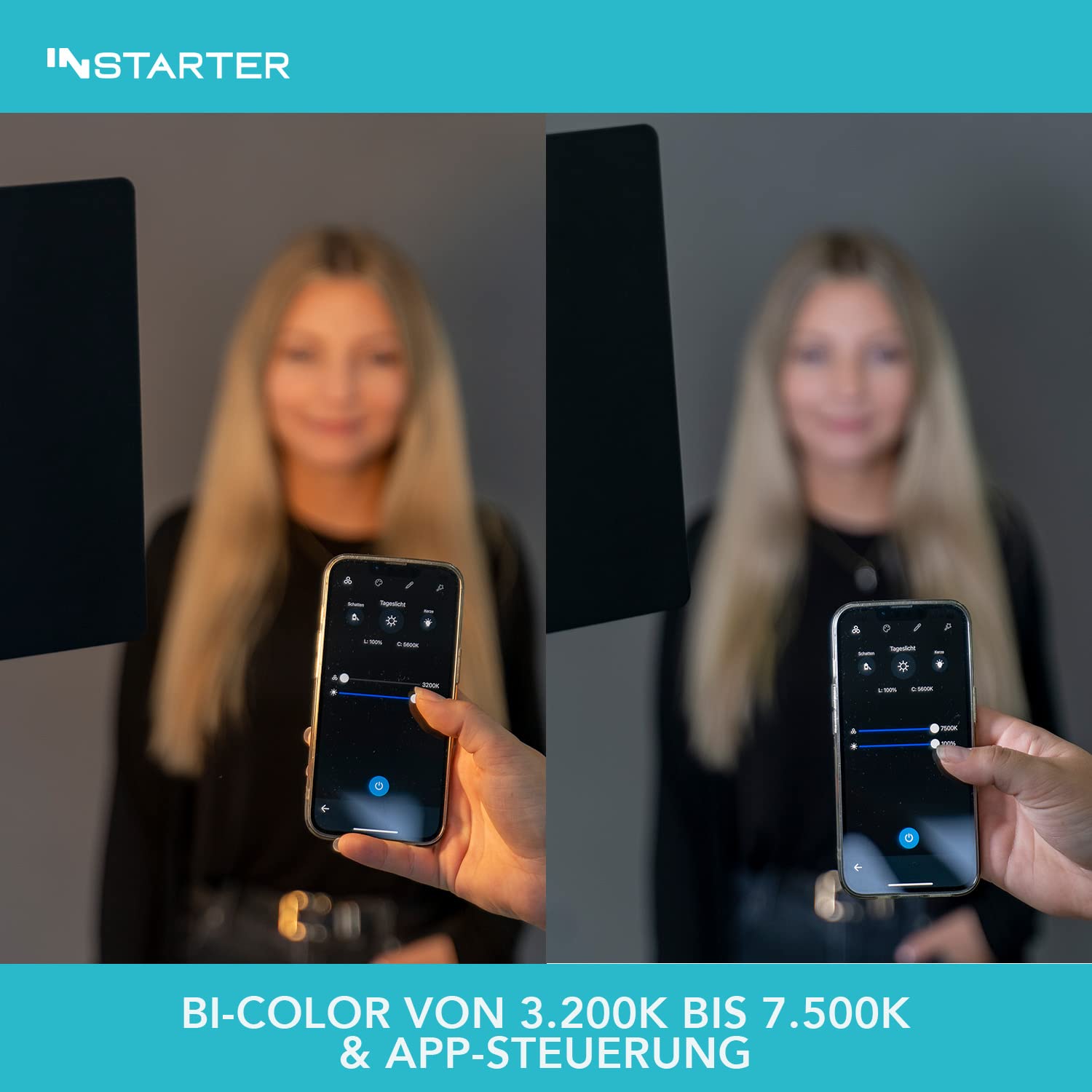 Pannello luminoso a LED da 60 W con stativo, luce video orientabile a 360°, lampada da studio con controllo tramite app, luce video bicolore, illuminazione con 4 effetti cromatici