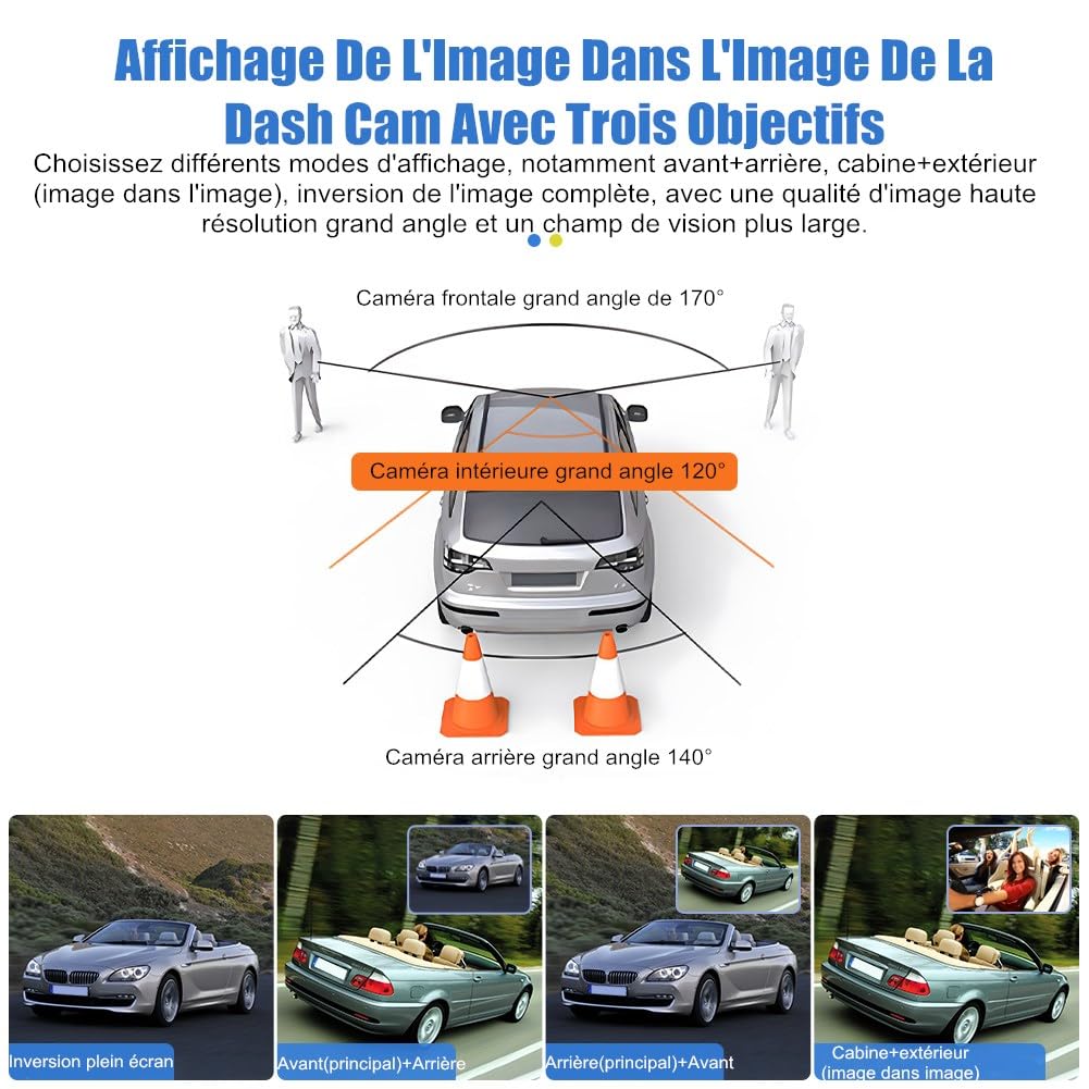 1080P Car Dash Cam 3 Kanal Vorne Hinten und Innen mit WiFi DVR Parküberwachung Bewegungserkennung G-Sensor Loop-Aufnahm Super Nachtsicht App Steuerung Sichtwinkel（170°+120°+140°）, C2