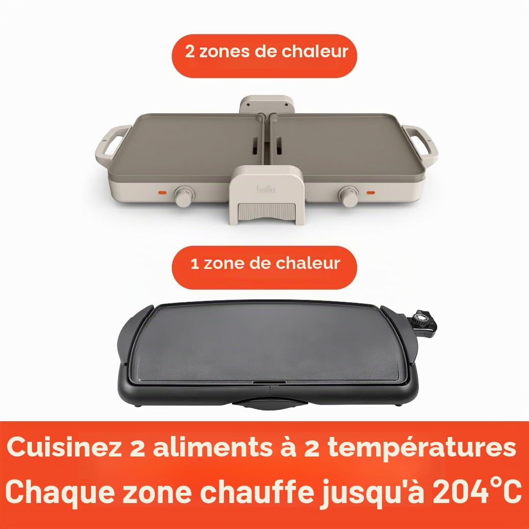 Bella - Plancha en céramique pliable et pliable de 25,4 x 50,8 cm, s'adapte à n'importe quel endroit des ustensiles de cuisine, revêtement antiadhésif en céramique EverGood, 2 zones de température