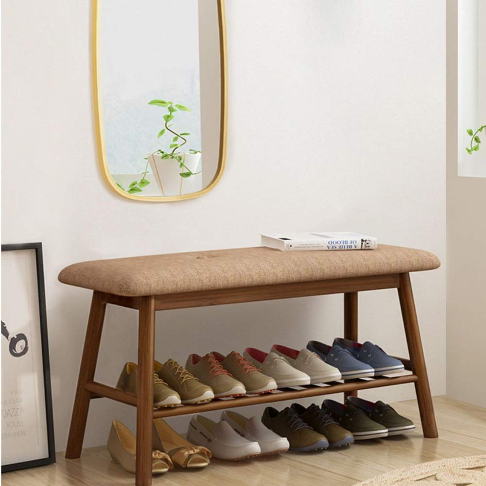 Banc à chaussures en bambou marron avec coussin et rangement à 2 niveaux 84cm