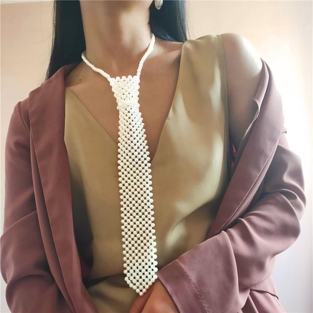 Pearl Tie Necklace White Pearls Necklaces Faux Weaving Necktie Beaded Collar Necklace Pearl Scarf Tie Costume Body Accessories for Women