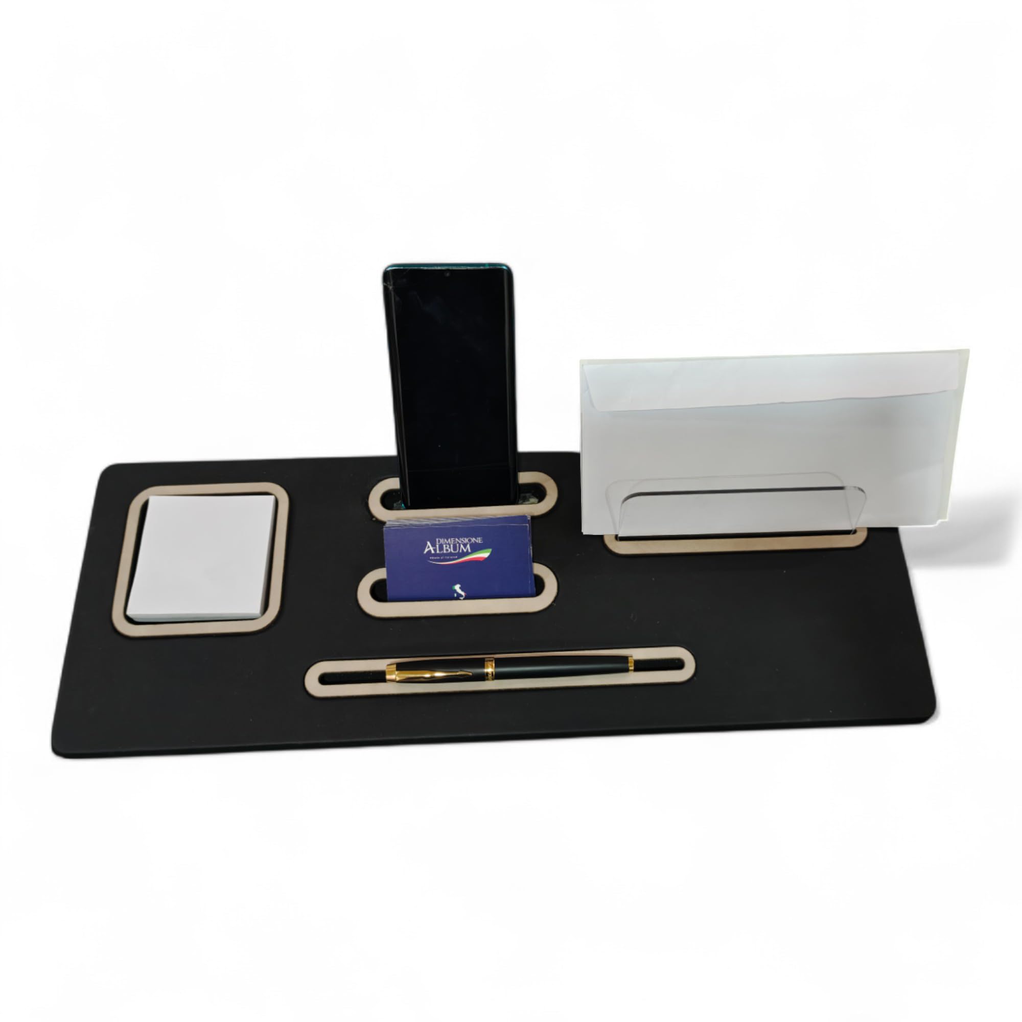 Oggettando Set Scrivania in eco pelle PU Nera, 5in1 Organizer con Supp. smartphone, Porta lettere, Porta bigliett, Portacarte adesive, Sottomano, Portafoto Ufficio, Casa (PU GRIGIO)