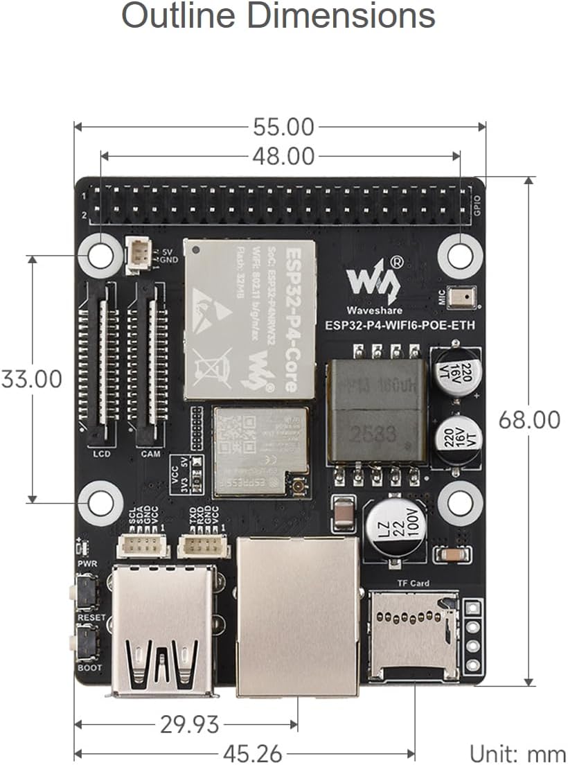 waveshare ESP32-P4-WIFI6-POE-ETH Development Board Kit Based on ESP32-P4 and ESP32-C6, Integrated PoE Module, Supports Wi-Fi 6 and Bluetooth 5, with MIPI-CSI/DSI, USB OTG 2.0, Ethernet Port, etc.