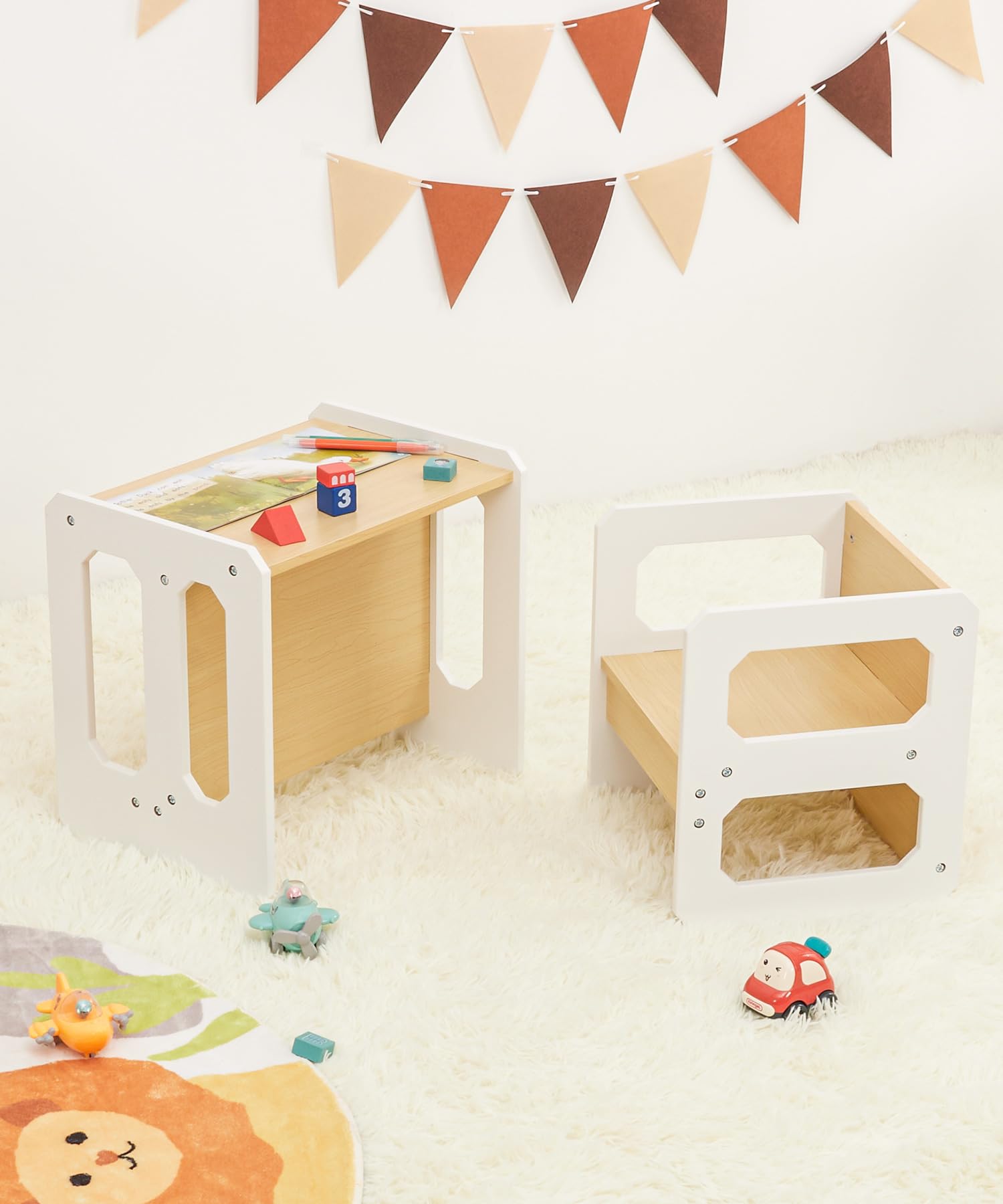 Yorbay Tisch und Stuhl Set für Kinder Kinderschreibtisch mit 1 Hockern, Kindersitzgruppe 3 in 1-Wendehocker & zum Kinderarbeitsplatz umwandelbarer Kinderbank, Kindermöbel(Natur, M)