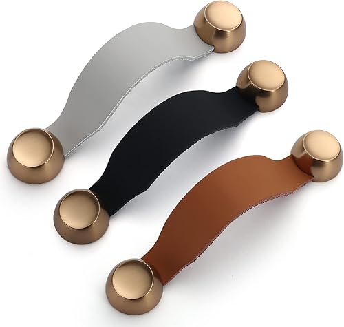 Miniatura 6 de Asidrama Paquete de 5 tiradores de cuero marrón de 5 pulgadas (5.039 in) para cajones, tiradores de gabinete de color dorado cepillado, manijas de