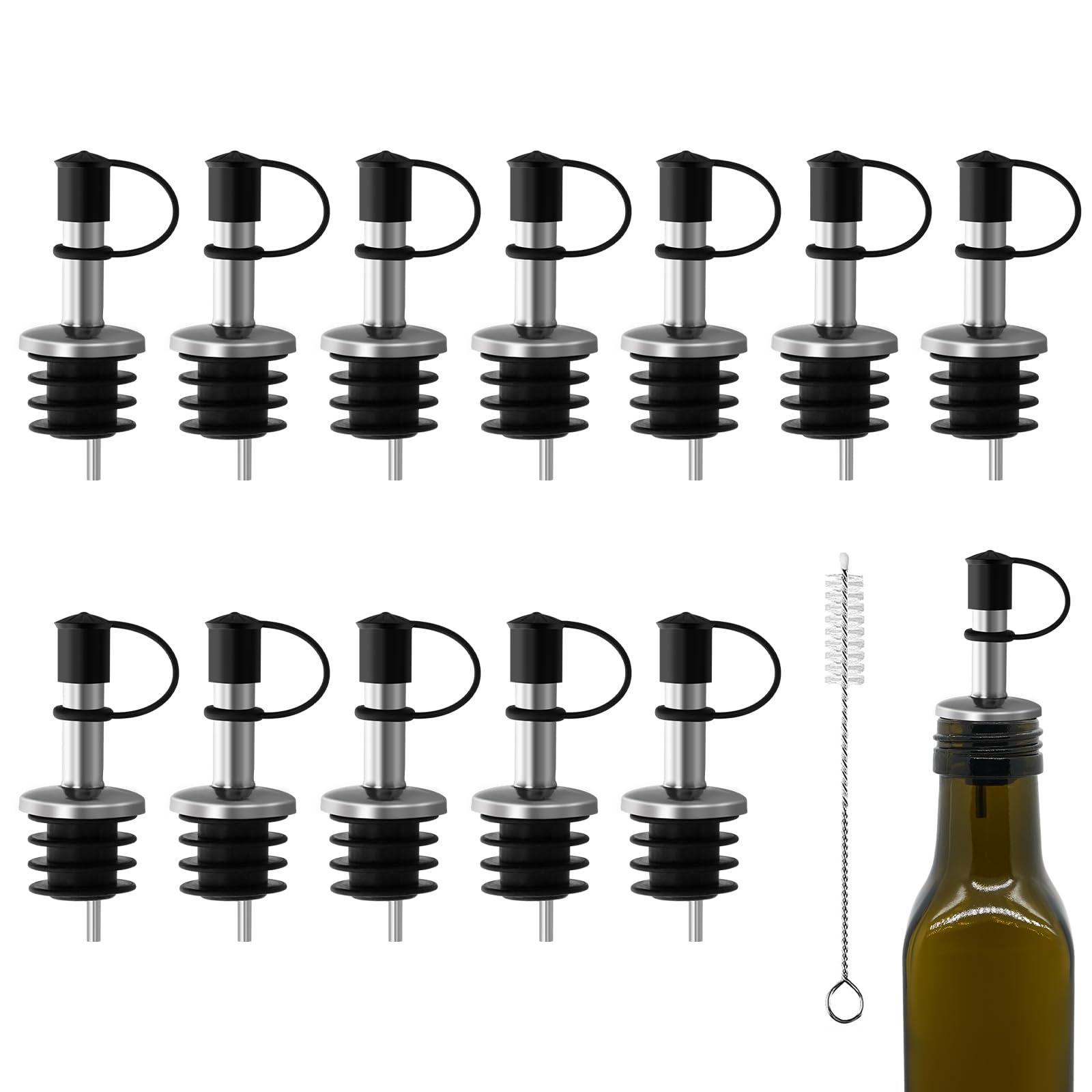 12Pcs Stainless Steel Bottle Pourers, Small Hole Bottle Olive Oil Spout with Rubber Dust Caps, Wine Pourers Liquor Pour Spouts for Pours Liquid, Wine, Vinegar, Most Liquor Bottles