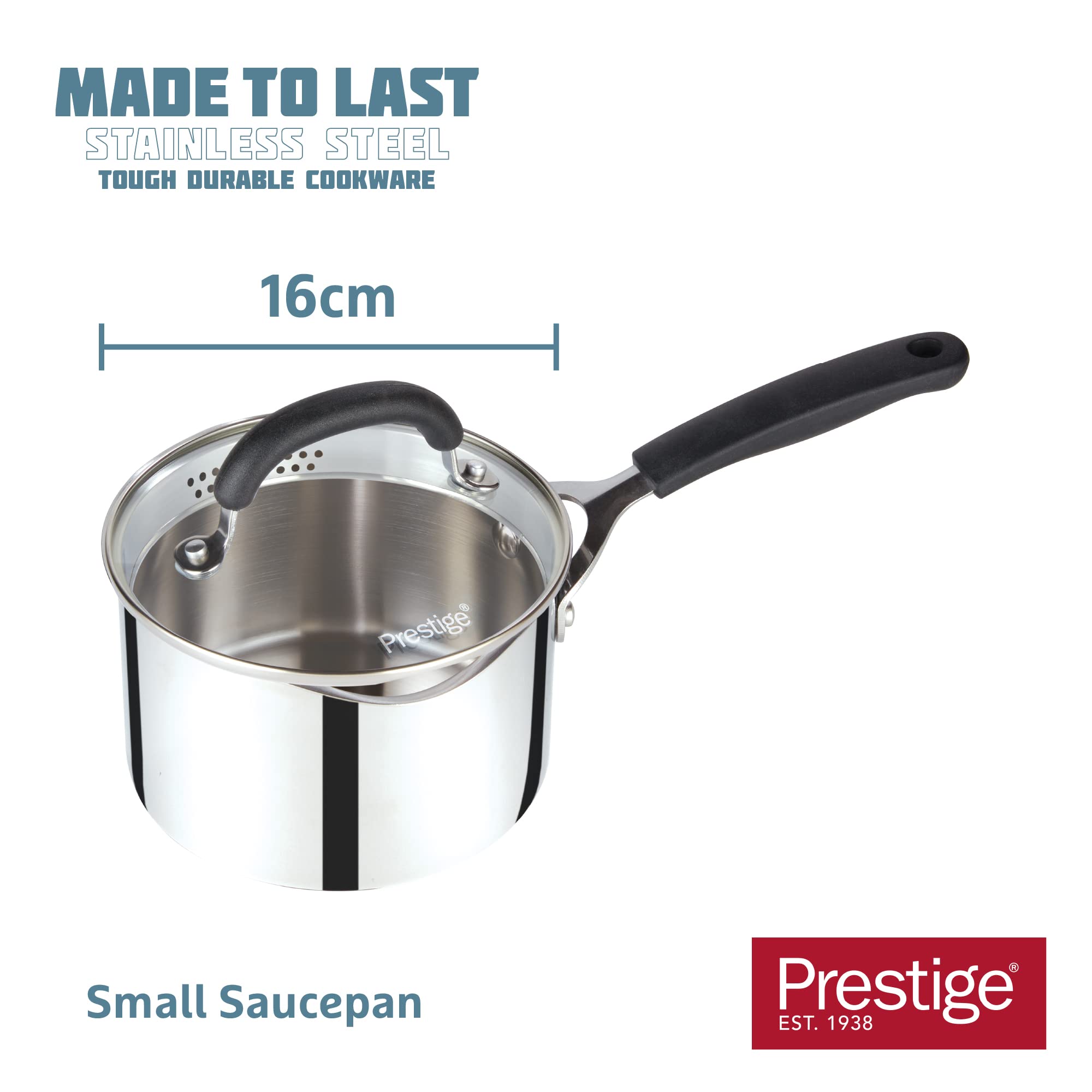 Prestige Made To Last Stainless Steel Saucepan with Lid 16cm, Small Saucepan with Straining Lid - Image 2