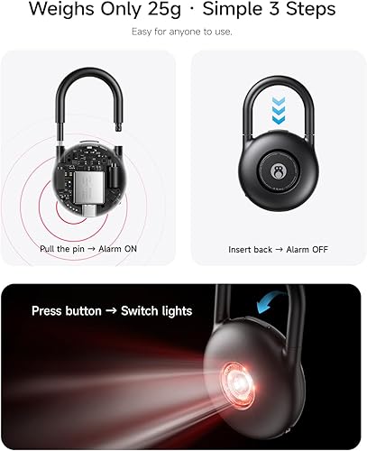 Miniatura 8 de HOU Alarma personal de 130 dB para mujeres, llavero de alarma de seguridad recargable con 4 modos LED, carga rápida USB-C y espera de 500 días,