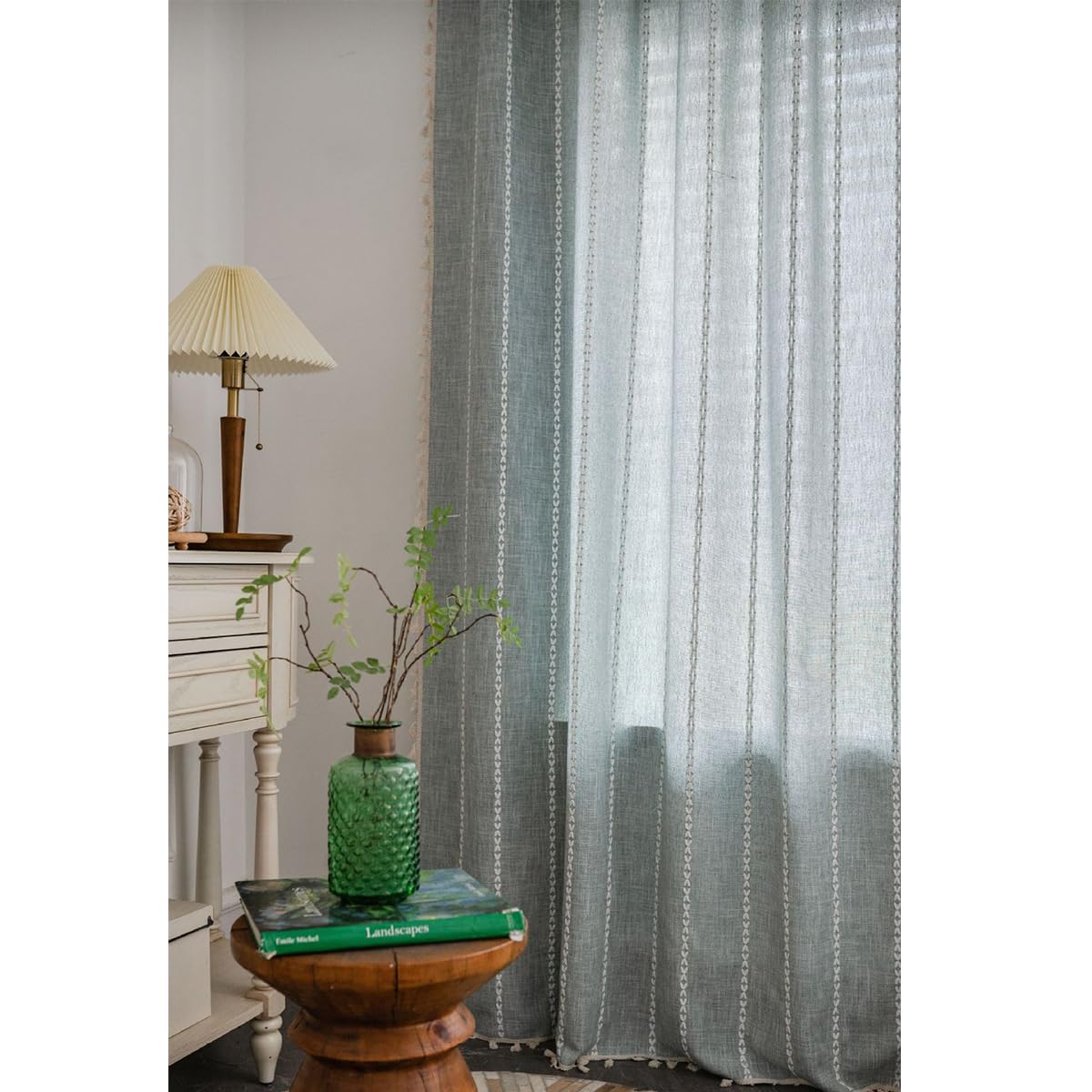 Vorhang Boho Gardinen Grau Vintage Leinenoptik Landhaus Modern Streifen Gestreift Halbtransparent Vorhänge mit Quaste Stangendurchzug für Fenster 1 Stück B132×H244cm