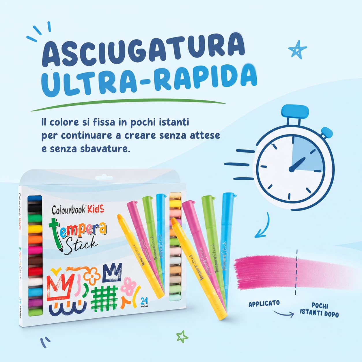 Colourbook Kids Set 24 Tempera Stick - Tempere Solide Lavabili per Bambini, Colori Vivaci Alta Coprenza, Asciugatura Rapida, Senza Solventi, Effetto Cera e Tempera