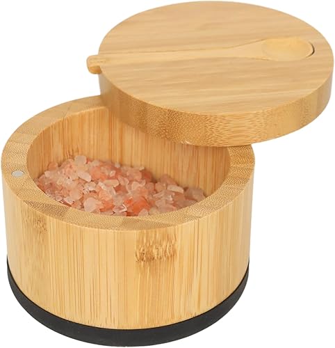 Beardo - Sal de bambú con tapa y cuchara, caja de sal negra, fácil de distinguir las especias en el tazón, recipiente de sal con tapa giratoria