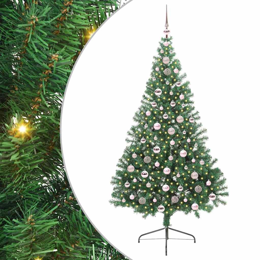 Sztuczna podświetlana choinka zielona, 210 cm, PCW, z 300 diodami LED o ciepłej białej barwie, 8 trybów, do użytku wewnątrz i na zewnątrz, łącznie z dekoracją