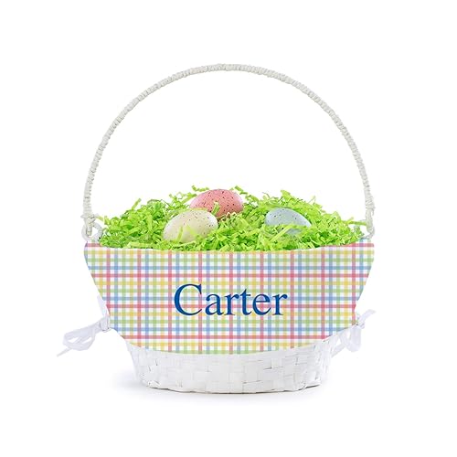 Miniatura 1 de Cesta de huevos de Pascua personalizada con asa y nombre personalizado, forros de cesta de Pascua a cuadros multicolor, cesta blanca, cestas de