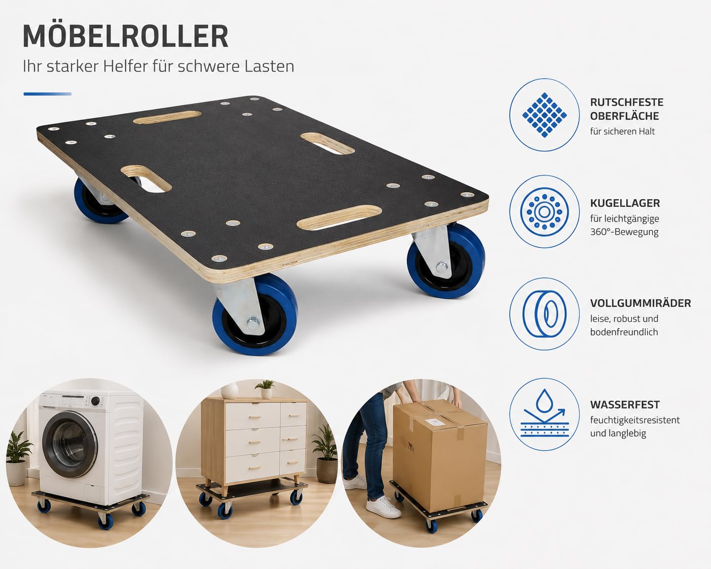 Möbelroller bis 800 kg Tragkraft - aus 18 mm Multiplex Holz mit Rutschfester Siebdruckplatte & 4 Lenkrollen - Transportroller Möbel Rollbrett für Umzug, Werkstatt & Lager (60x80 cm)