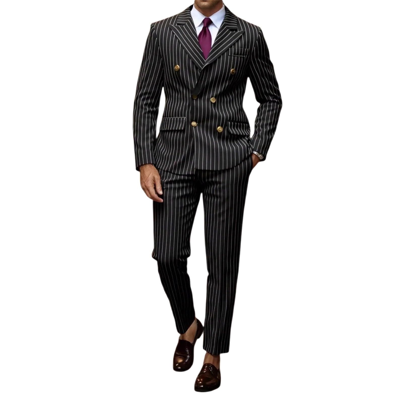 Generisch Ensemble 2 pièces à rayures pour homme - Veste et pantalon décontractés à double boutonnage - Pour mariage - Pour le marié - Combinaison à rayures - Affaires - Smoking - Boutons - Baggy