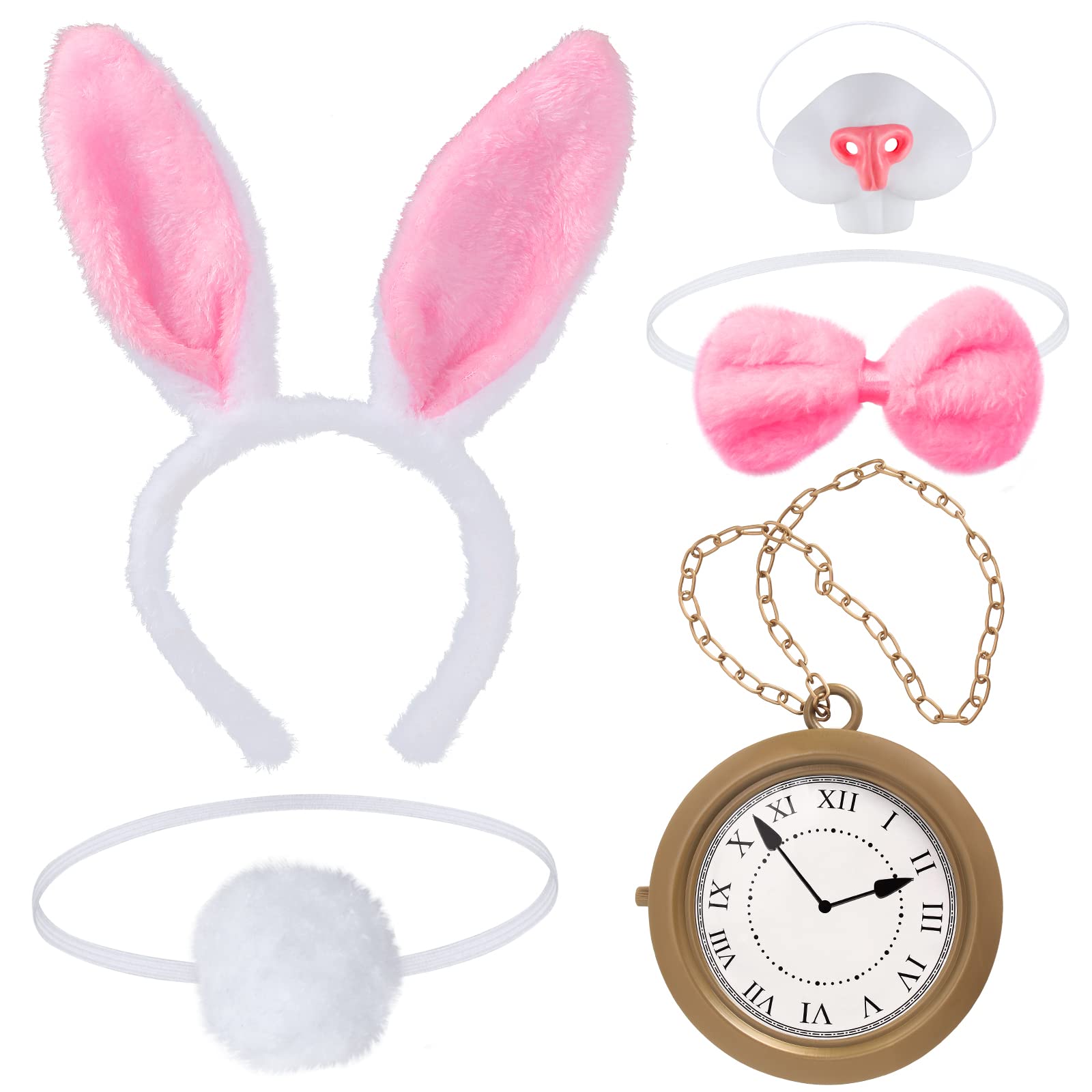 Easter White Rabbit Costume Bunny Dress Up Accessory Kit Include Headband Clock Necklace Tail Bowtie Nose