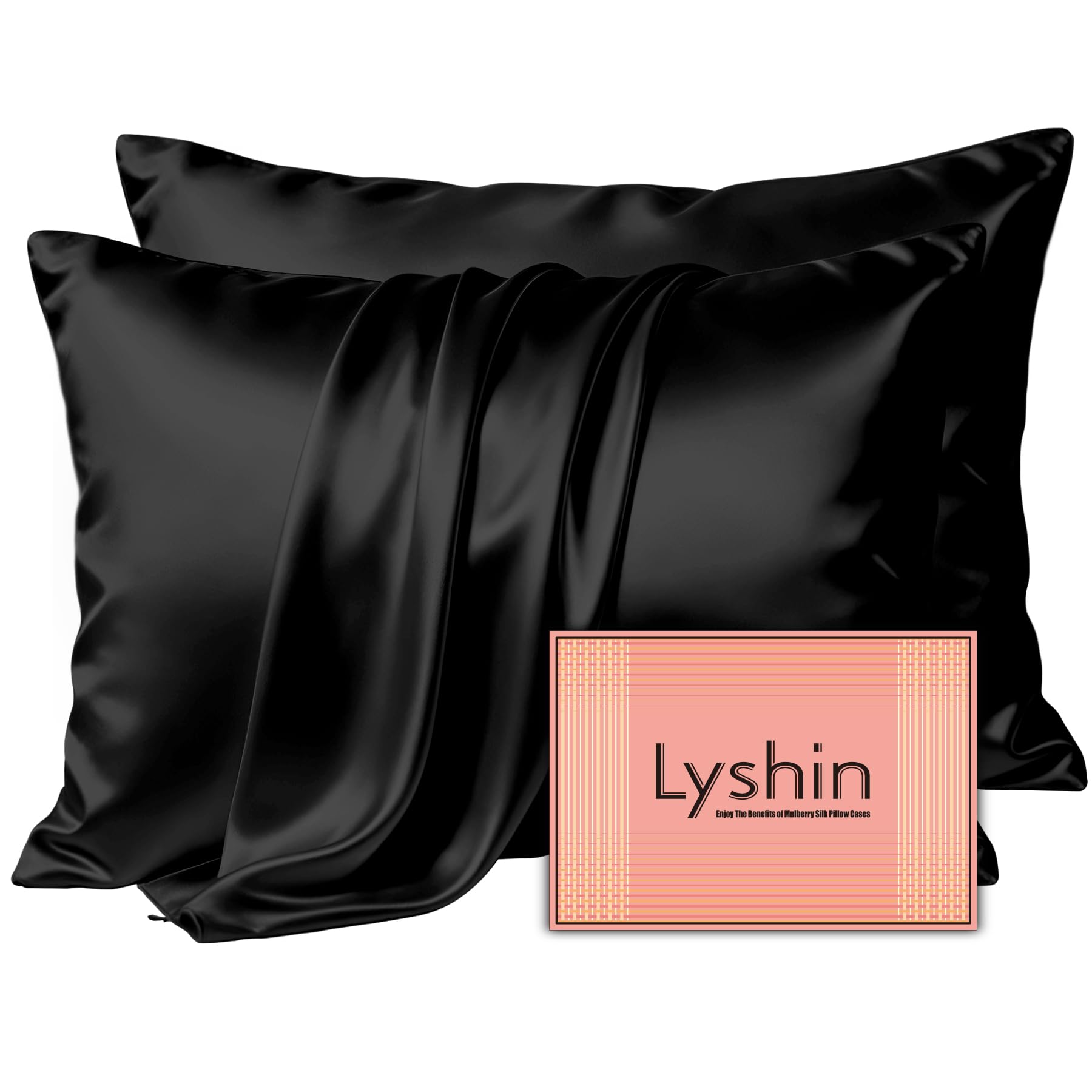 LYSHIN Black Silk Pillowcases 2 Pack Standard Size with Zipper