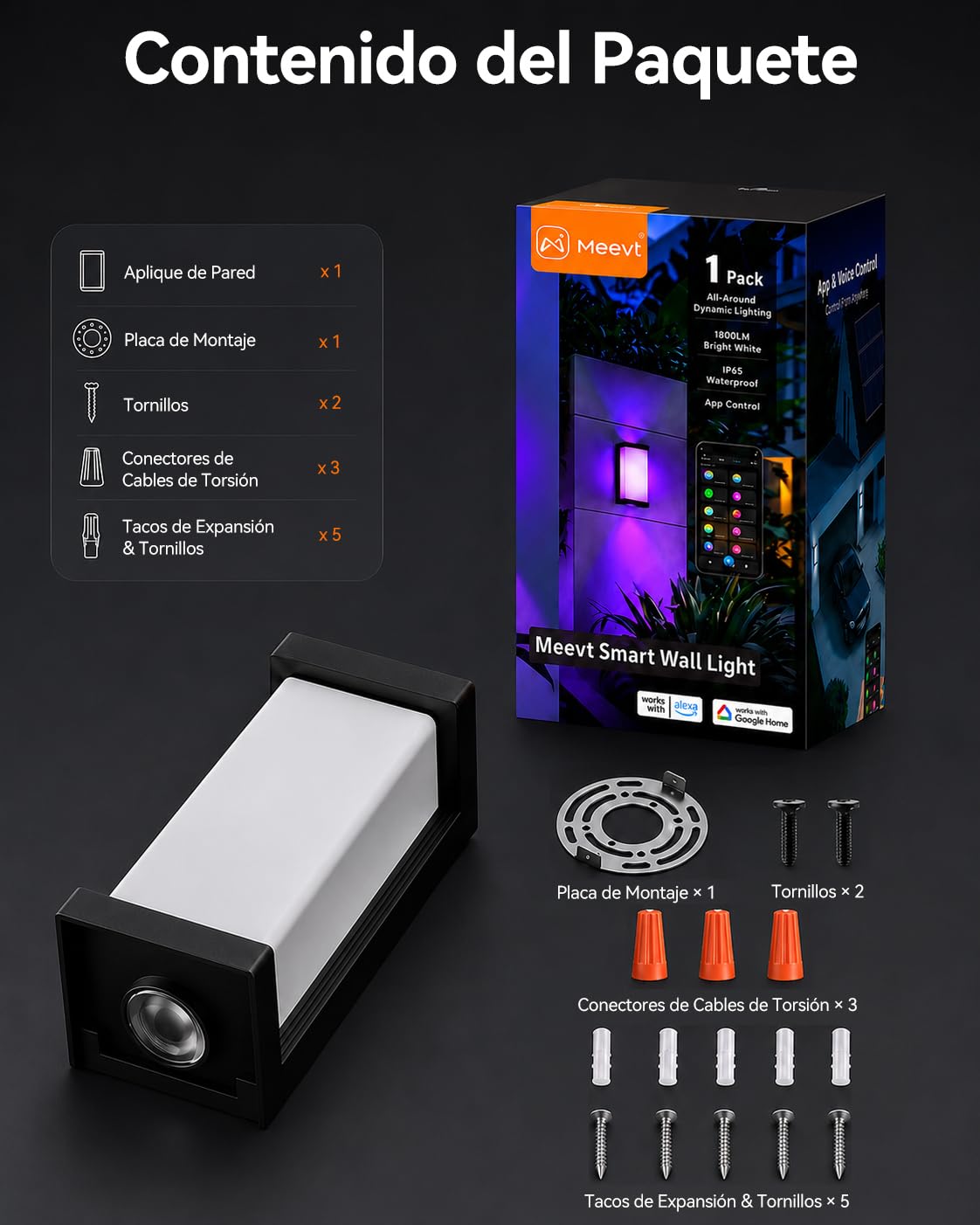 Meevt Lampara Exterior Pared Inteligente RGBCW, Luz Exterior LED - 1 Unidad | 1800LM, Iluminación de 3 Caras, IP65 Impermeable, Compatible con Alexa y Google Assistant, Porche Garaje Interior Exterio