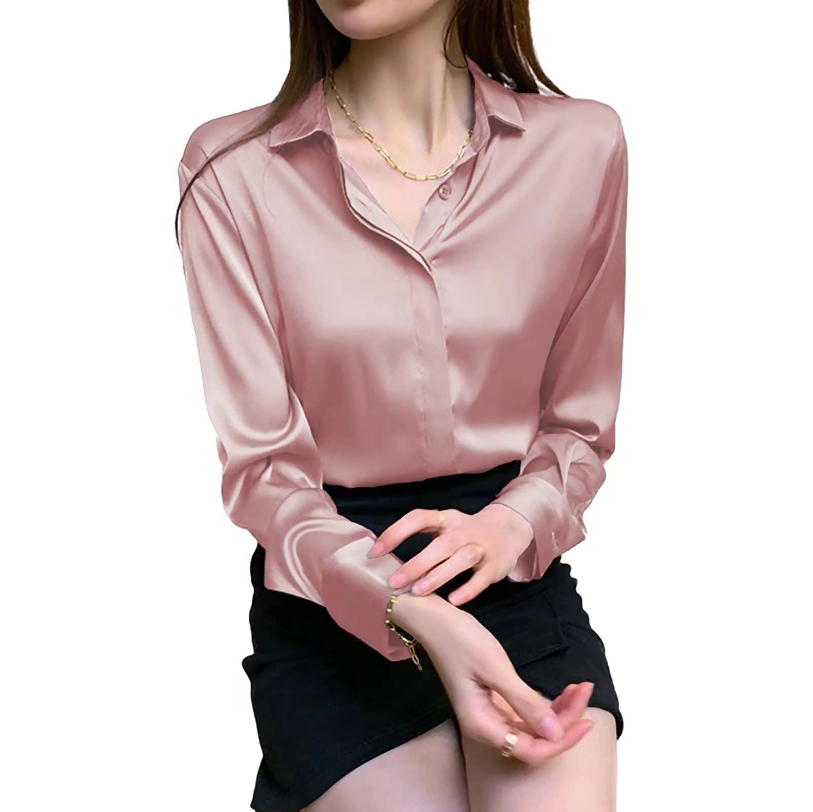 Women's Satin Blouse Fashion Long Sleeve Satin Silk Shirt Work Office Top Casual Shirt Pink XL
