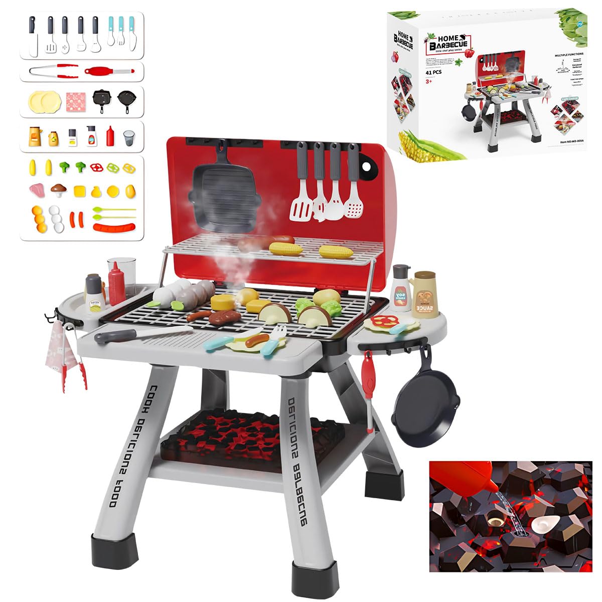 Azulmart Kids Grill Playset 41Pcs, 2-Layer Cooking Toy BBQ Set Pretend Play Food Smoke Sound & Light Interactive Kitchen Accessories Utensils Camping Barbecue Toy Little Chef Play for Teens Girls Boys