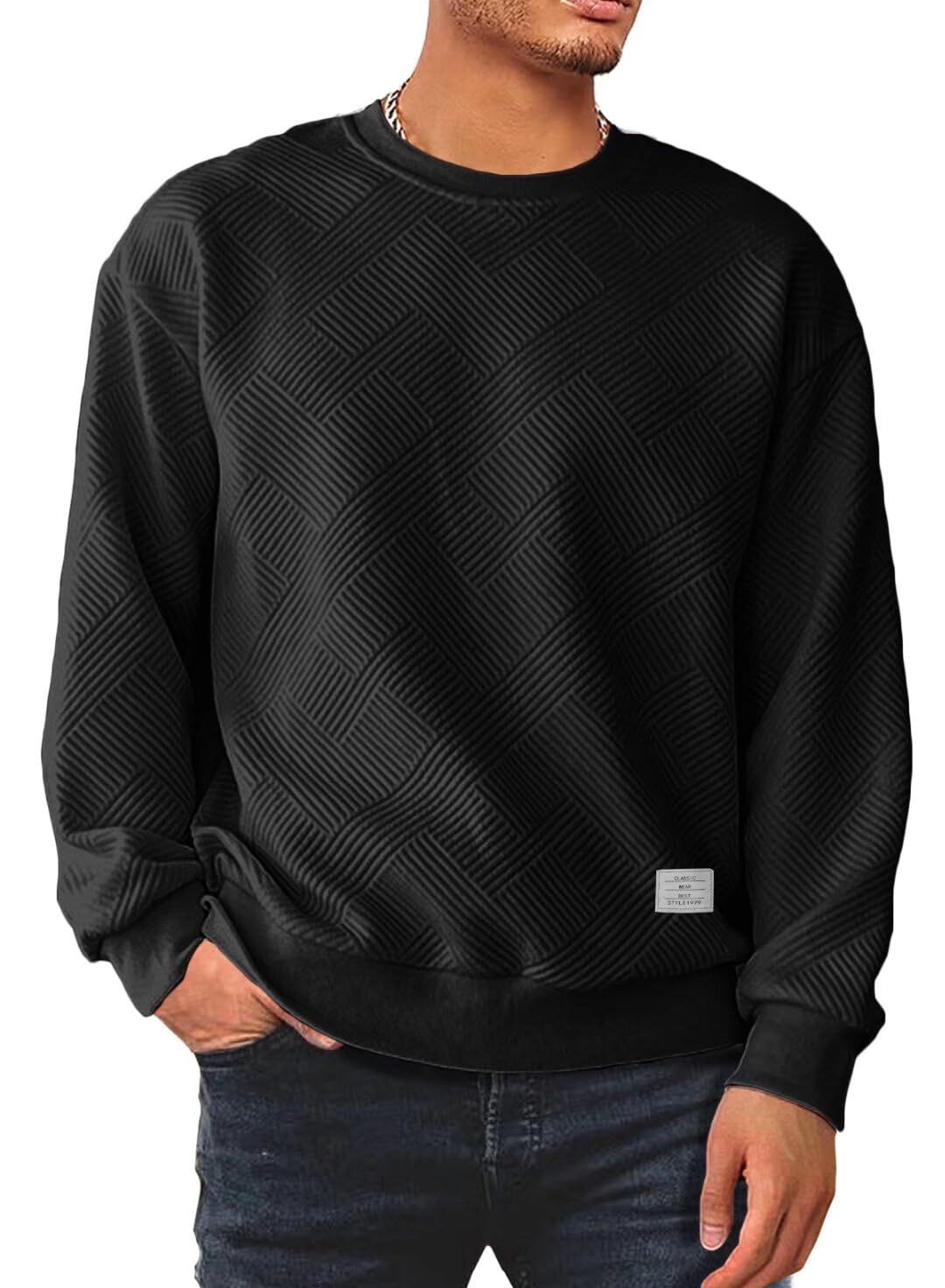 Dokotoo MenMen's Crewneck Sweatshirts Soild Color Geometric Texture Long Sleeve Casual Pullover Shirt