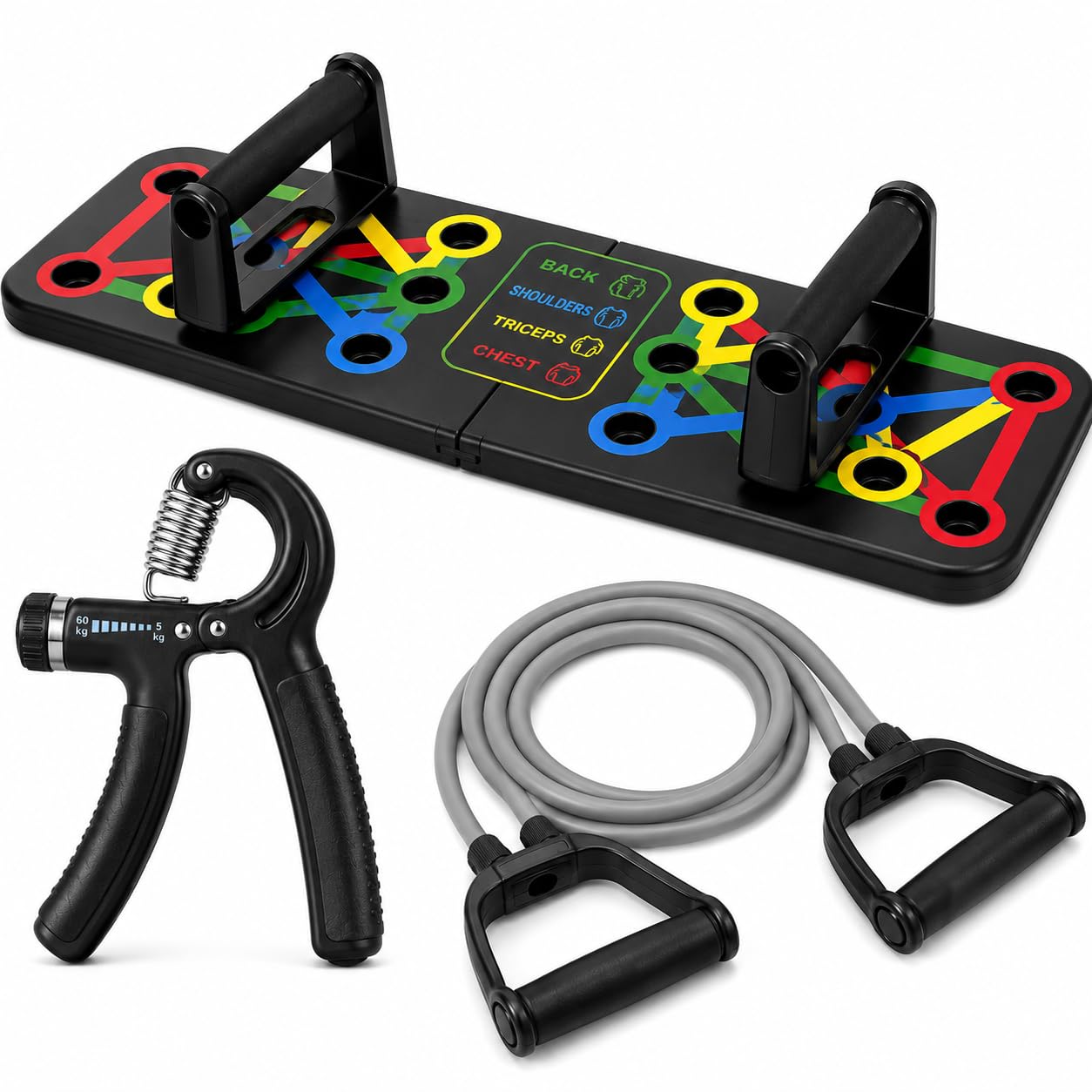 Push Up Board Combo with Adjustable Hand Grip Strengthener & Resistance Toning Tube | Foldable Push Up Bar Stand for Home Gym | Chest, Back, Shoulder, Triceps Workout Equipment | Full Body Fitness Kit