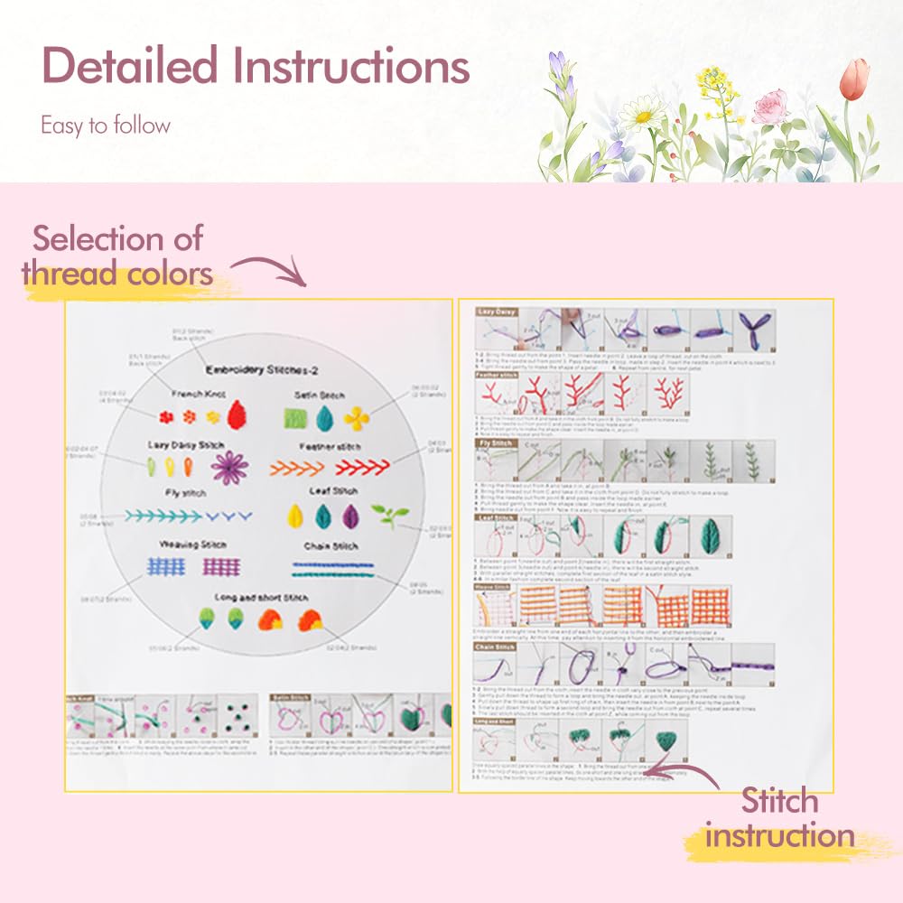 4 Pack Embroidery kit for Beginners Adults DIY Starter Kit, Cross Stitch Kits with Flower Stamped Patterns, Embroidery Hoop, Tools,Colorful Threads,Step by Step Instructions,Hand Craft Lover Gift